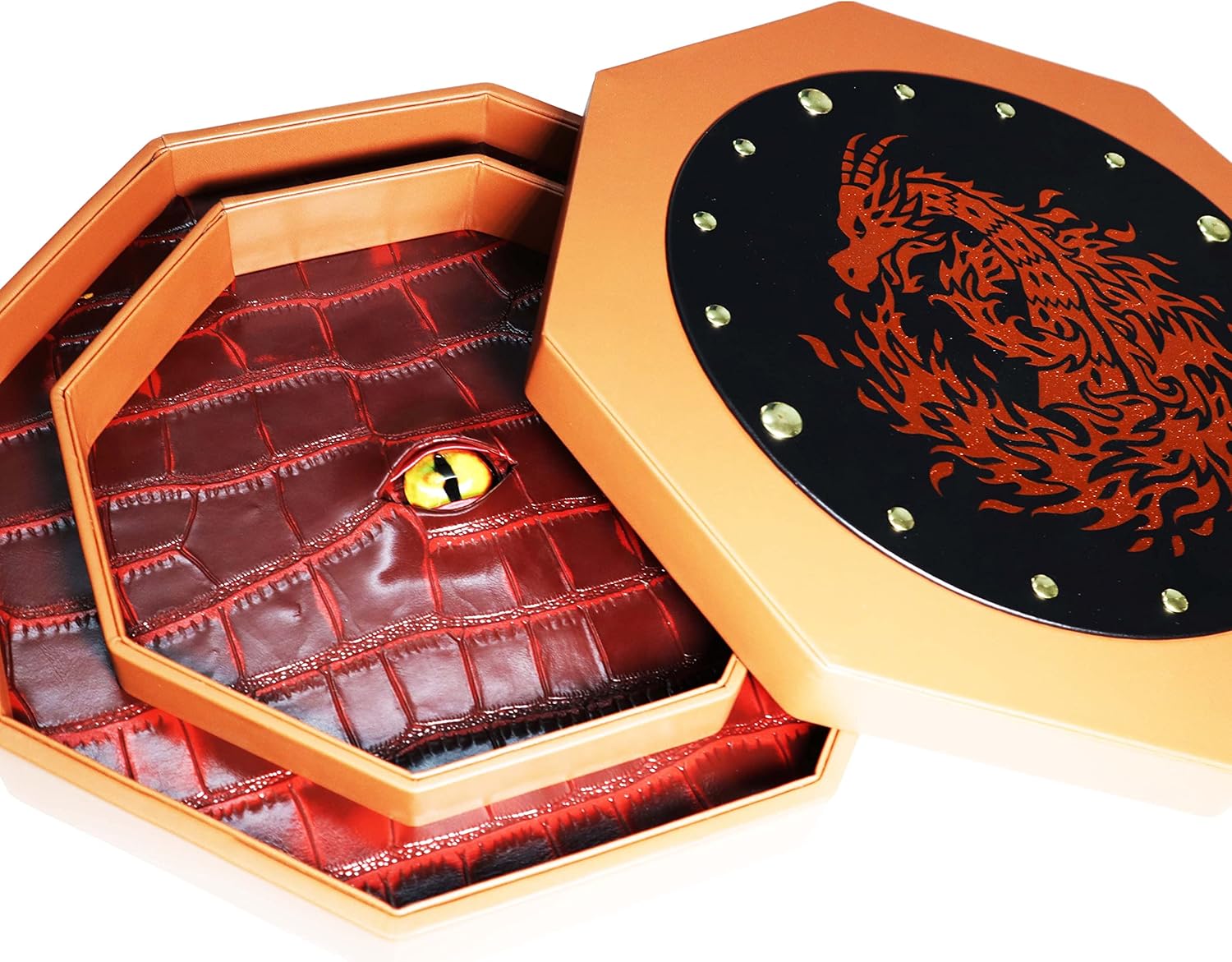 Fantasydice 12" Fire Dragon Eye Dice Tray with Lid – Extra-Large Octagon with Dice Staging Area, Holds 7 Full Dice Sets – Ideal for Tabletop RPGs and Board Games