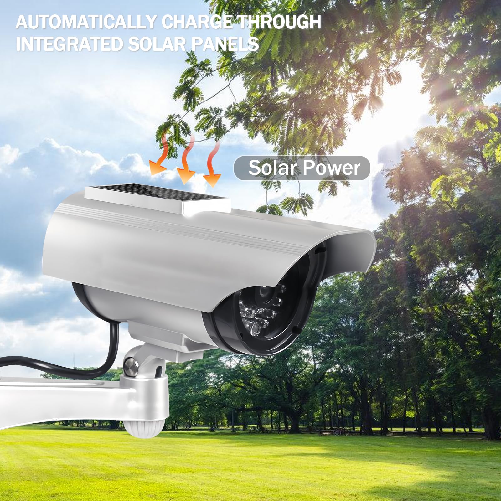 2 telecamere finte a energia solare, finte telecamere di sorveglianza con luce LED lampeggiante, telecamera di sicurezza CCTV, telecamera esca a energia solare, per giardino, apertura porta