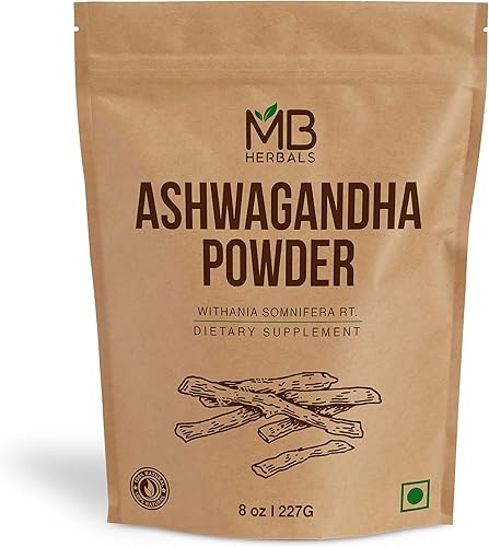 MB Herbals Polvo de Ashwagandha de 8 onzas (0.5 libras) | Probado en laboratorio | Ginseng indio | Polvo de raíz Withania somnifera