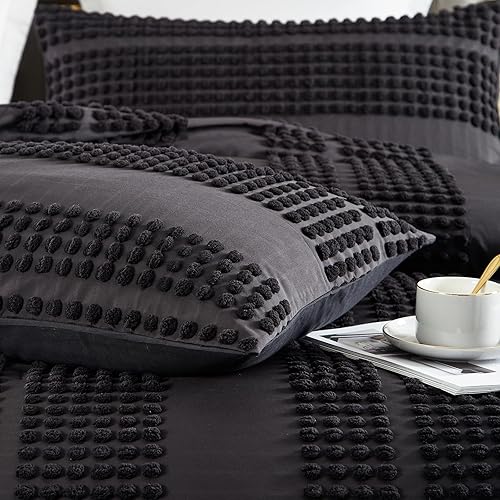 Miniatura 5 de Juego de edredón tamaño Queen, juego de edredón negro copetudo para cama Queen, edredón bohemio de 3 piezas, edredón suave y esponjoso con 2 fundas
