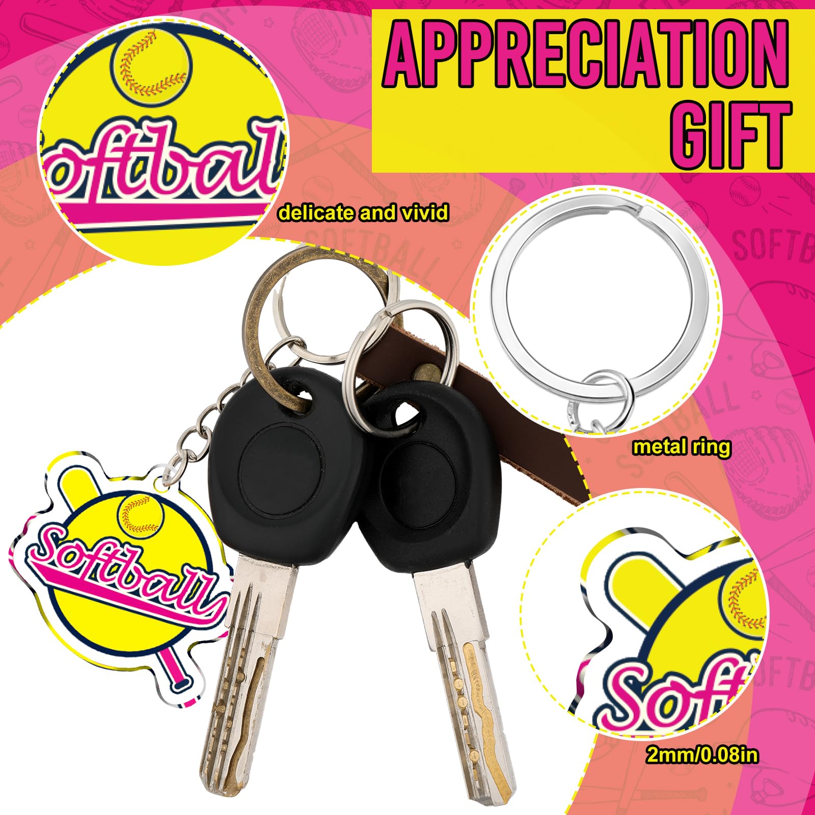 Tondiamo 24 Pcs Softball Acrylic Keychain Gifts Bulk Pink Acrylic Softball Sports Ball Keychain Gifts Go Team Key Ring for Women Men