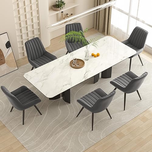 Modern Dining Chairs Set of 6, Comfy Dining Room Chairs with Thick Cushions, Upholstered Fabric Kitchen Side Chairs with Metal Legs, Dark Grey