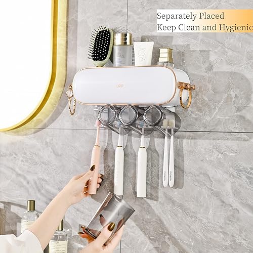 Miniatura 4 de Ayswupt Soporte para cepillo de dientes montado en la pared, soportes para cepillos de dientes para baños con 4 tazas, soporte para cepillo de