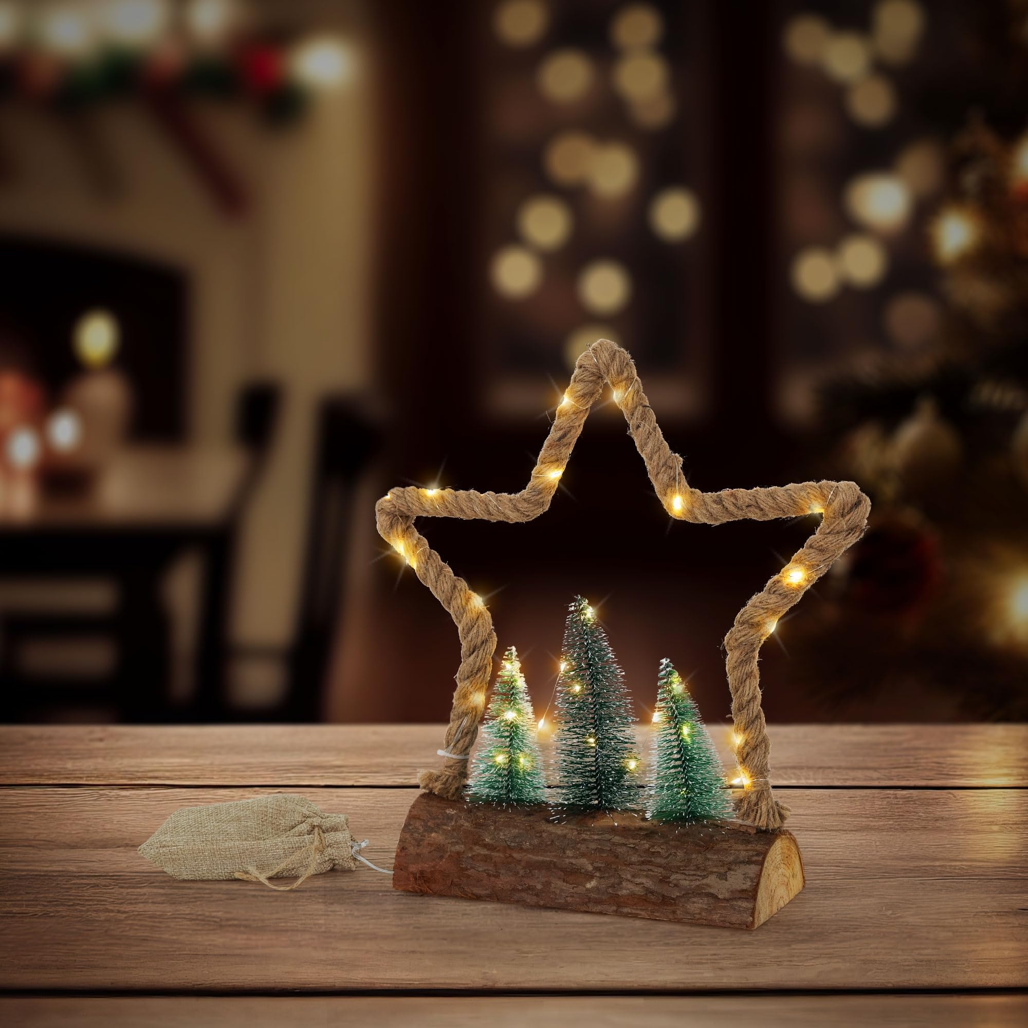 ECD Germany Estrella de Navidad Colgante con 30 Leds IP44 Iluminación Blanco Cálido 33x9,5x30 cm con 3 Abetos Bolsa de Yute Decoración Navideña con Temporizador Copo de Nieve de Adorno Festivo