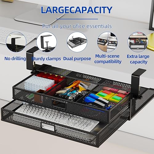 Miniatura 5 de Organizador de cajones para debajo del escritorio, de metal, sin taladro, contenedor de almacenamiento para debajo del escritorio, 2 cajones