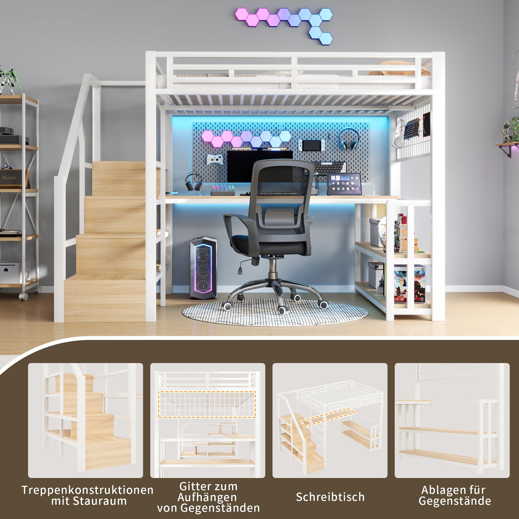 Cama alta de 140 x 200 cm, marco de hierro, estante de almacenamiento, rejilla colgante, barra de luz LED, escritorio, construcción de escaleras con espacio de almacenamiento, con 2 puertos USB y 1