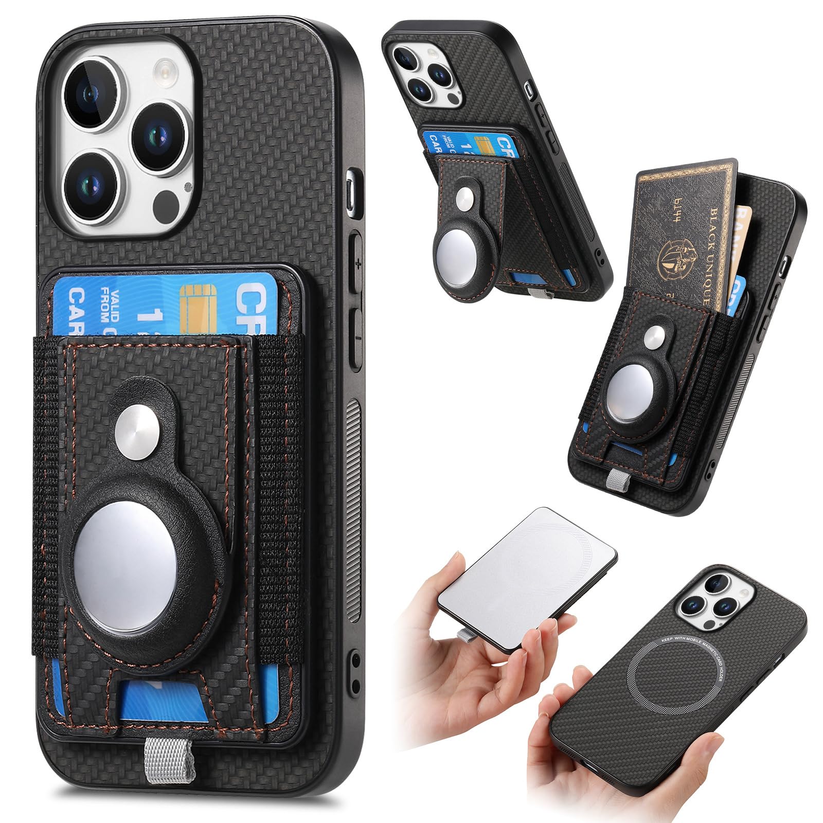 Fourmor Magnetic Wallet Case for iPhone 16Pro with AirTag Holder [Compatible with Magsafe] [Elastic Slot] [Removable Back Clip], PU Leather + PC Back