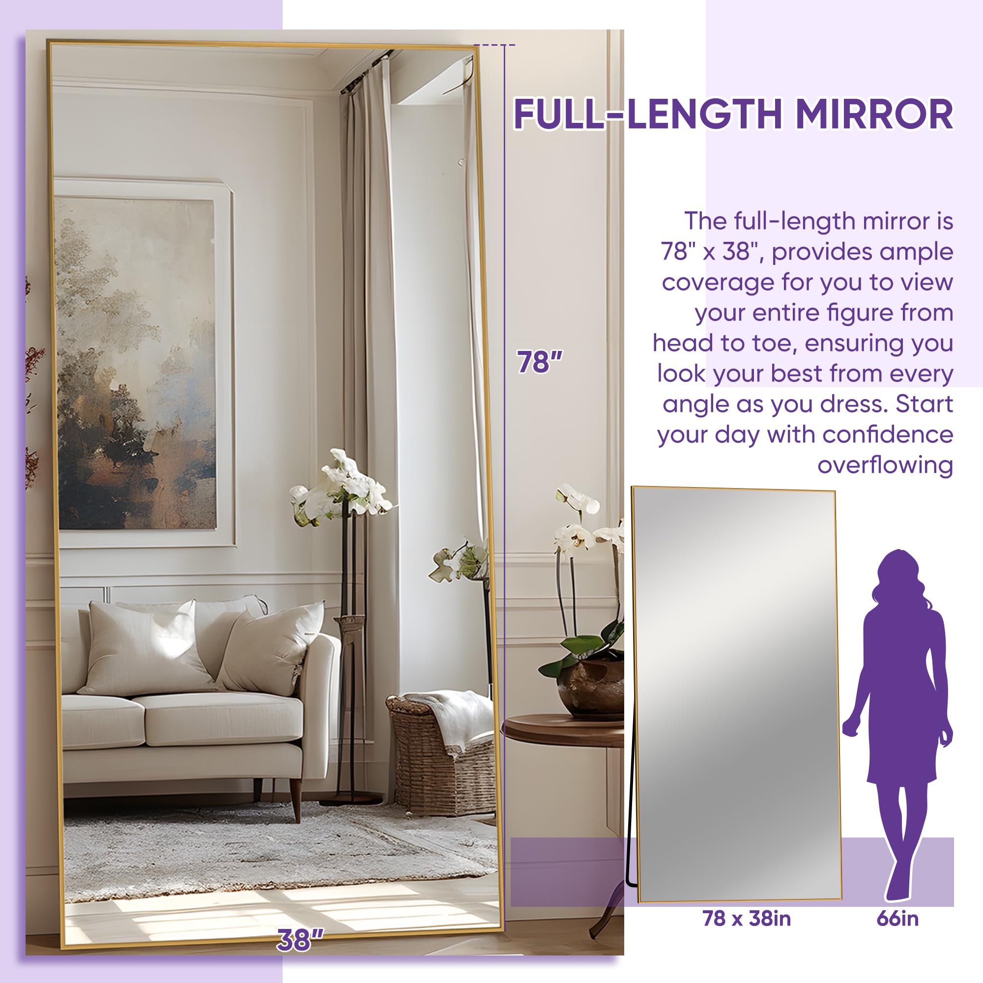 LadyNow Full Length Floor Mirror - 78x38 Inches, Arched Design, Freestanding With Stand, Black
