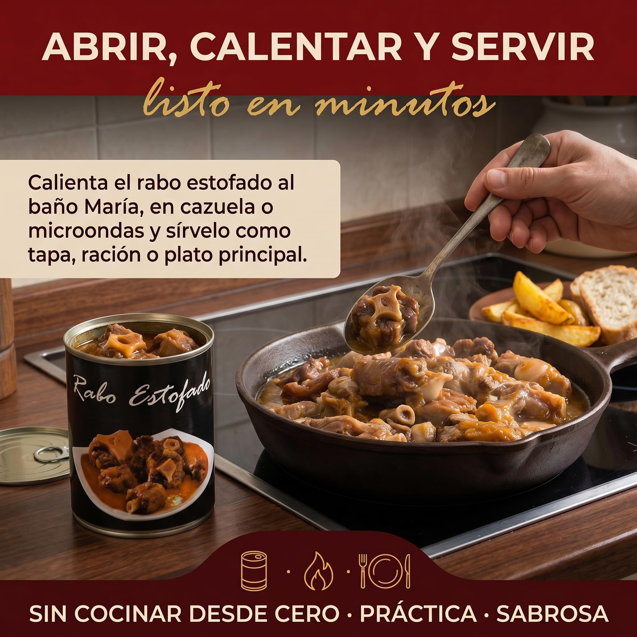 POLGRI Rabo de Vacuno Estofado 800g Receta Manchega Artesana 45% Carne Listo para Calentar Gourmet Español Plato Preparado