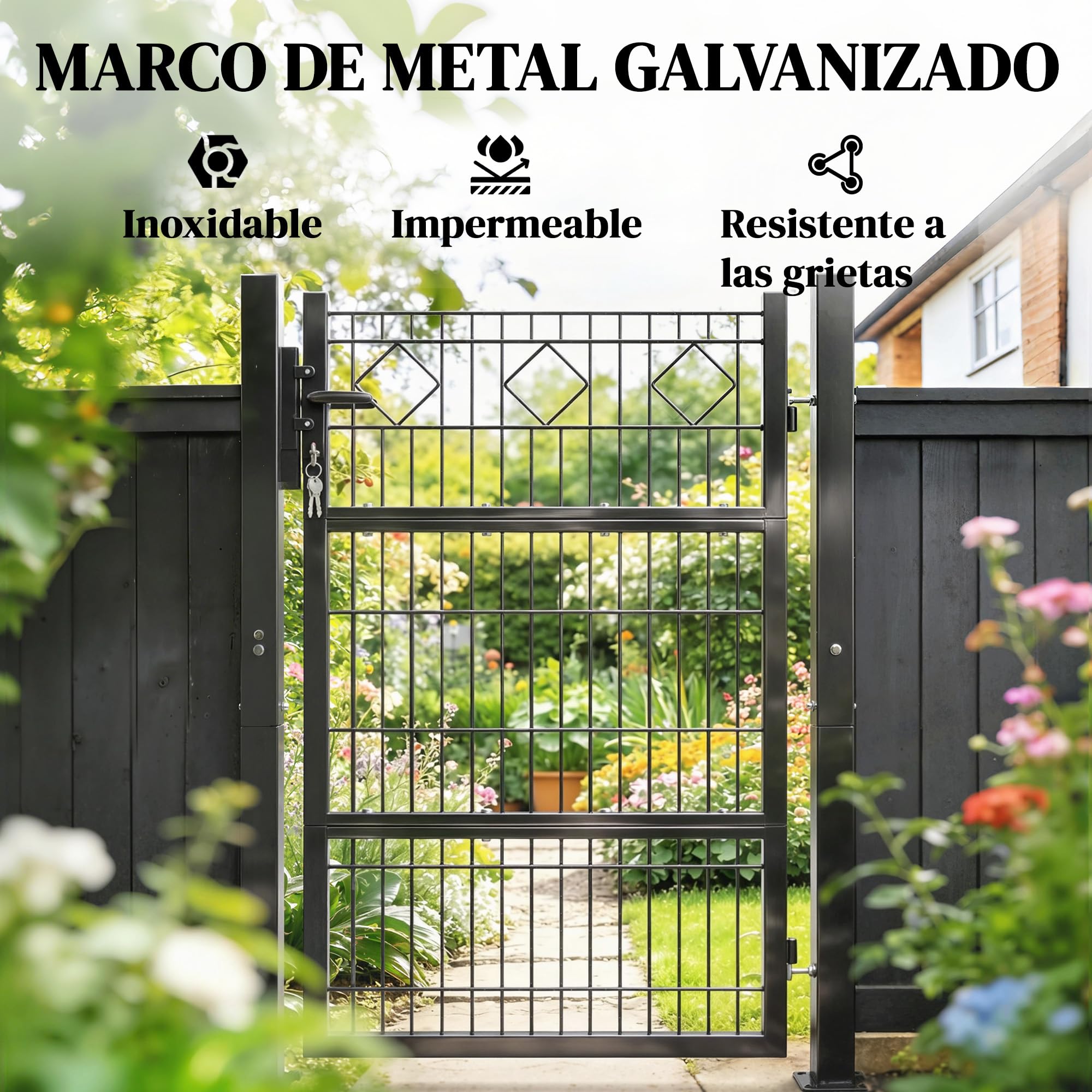 Outsunny Puerta de Jardín 100x131 cm, Puerta para Valla de Barra de Metal Galvanizado con Manilla, Cerradura, 3 Llaves y 2 Postes, para Entrada de Exterior, Terraza, Patio, Gris Oscuro