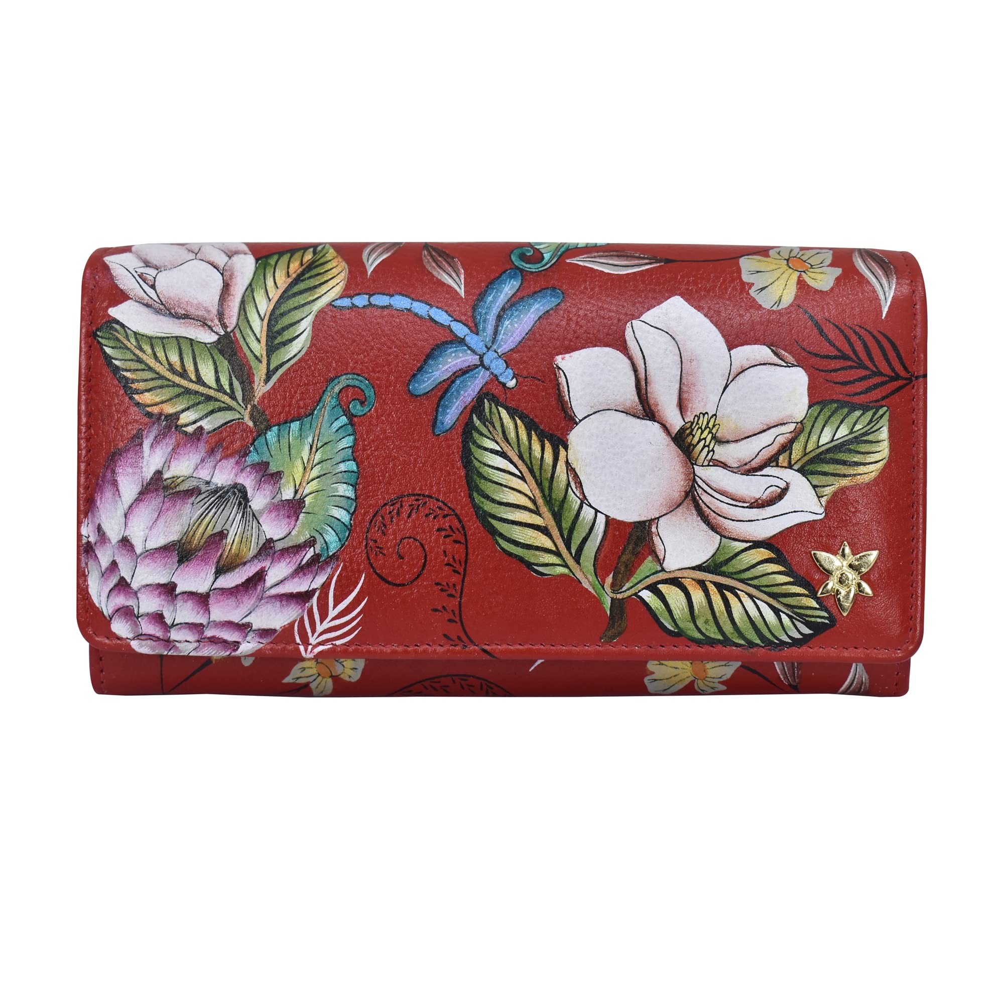 Anuschka Women’s Hand-Painted Genuine Leather RFID Blocking Accordion Flap Wallet - Crimson Garden