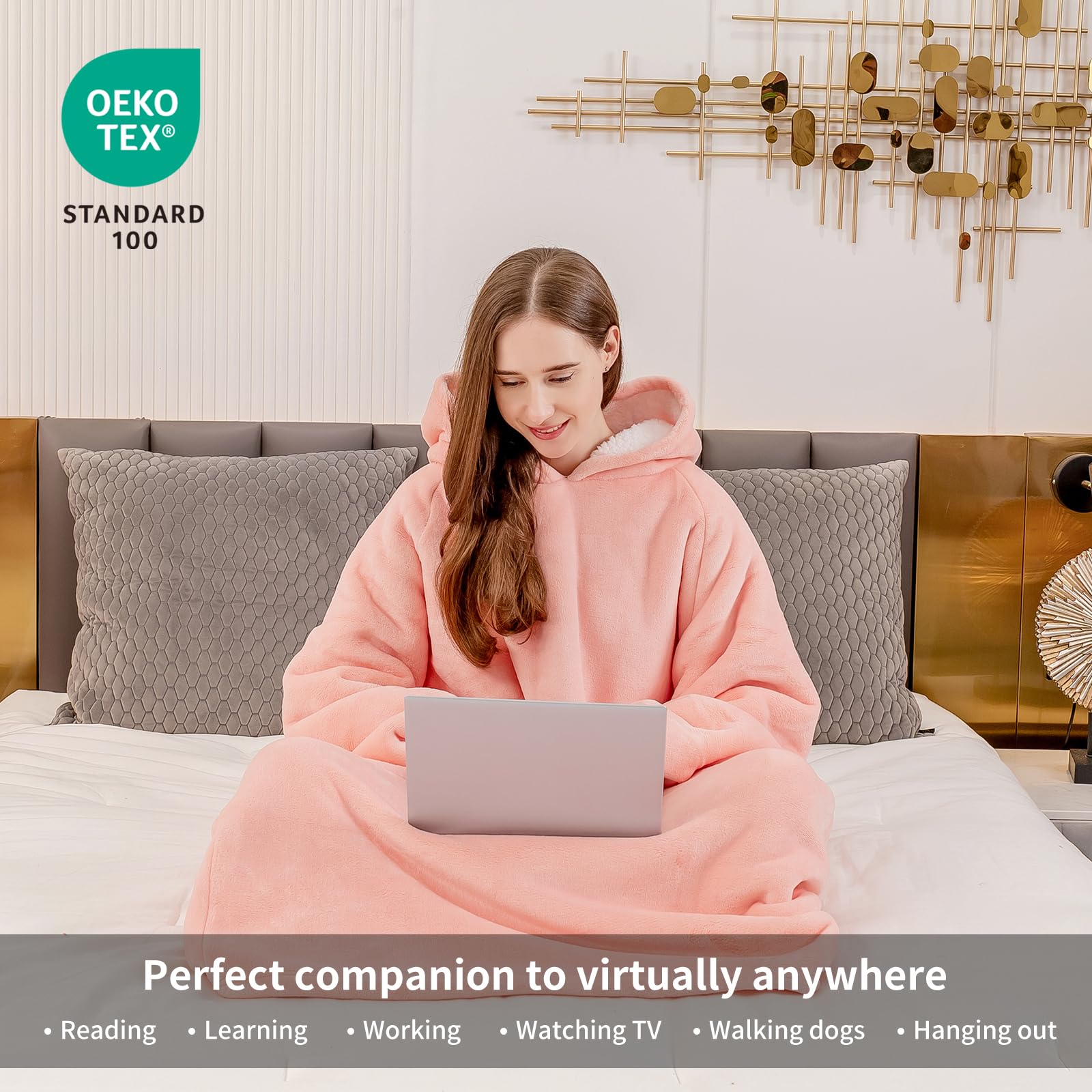 Aisbo Plaid Felpa Coperta con Maniche - Pigiama Coperta Indossabile Donna e Uomo Oversize con Manica e Cappuccio Plaid da Divano con Braccia Pile di Sherpa, Hoodie Blanket (Rosa,130x82cm)