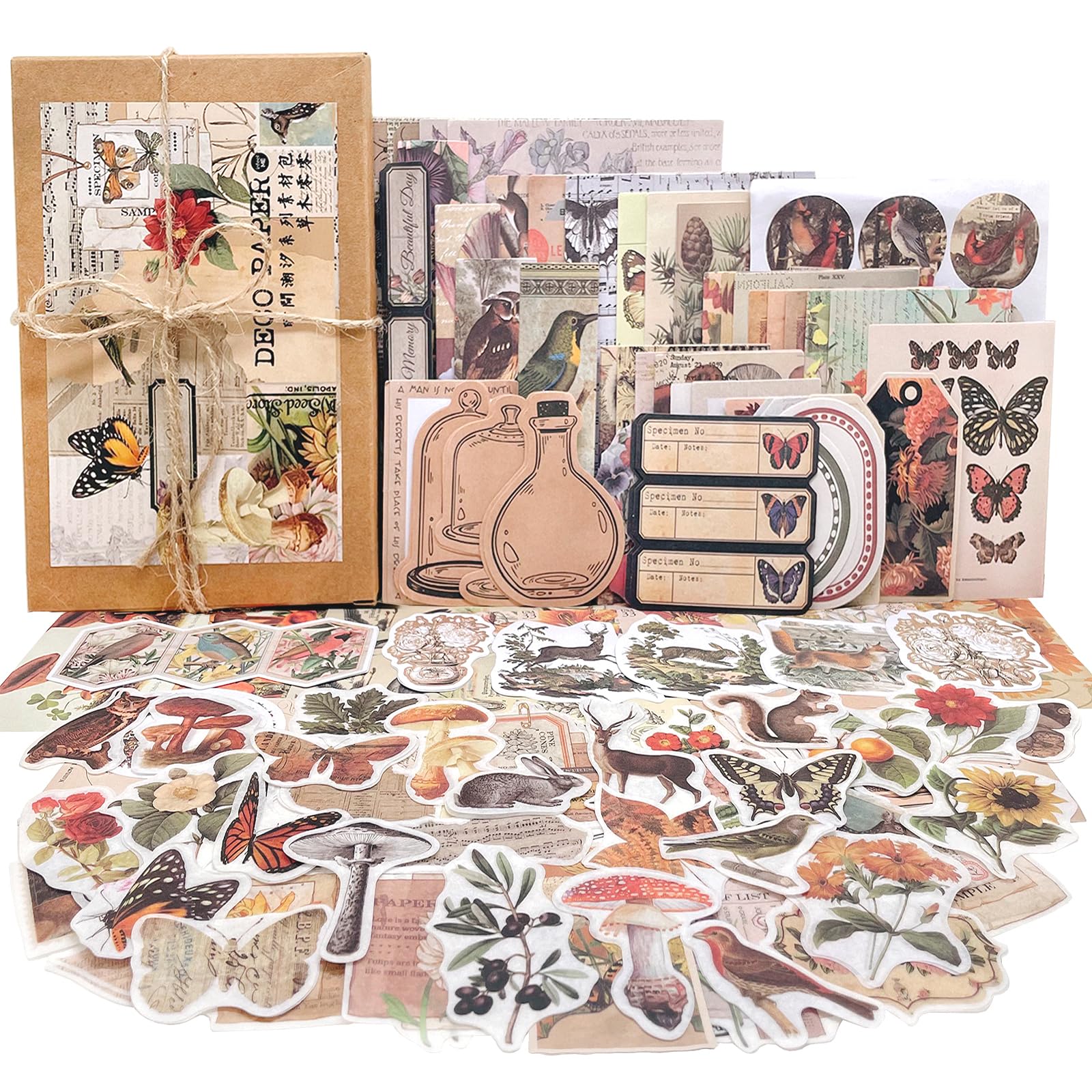200 Pcs Vintage Scrapbooking Kit – Decoupage Paper, Stickers for Journals, Planners & Crafts – Aesthetic Collage Supplies, Nature