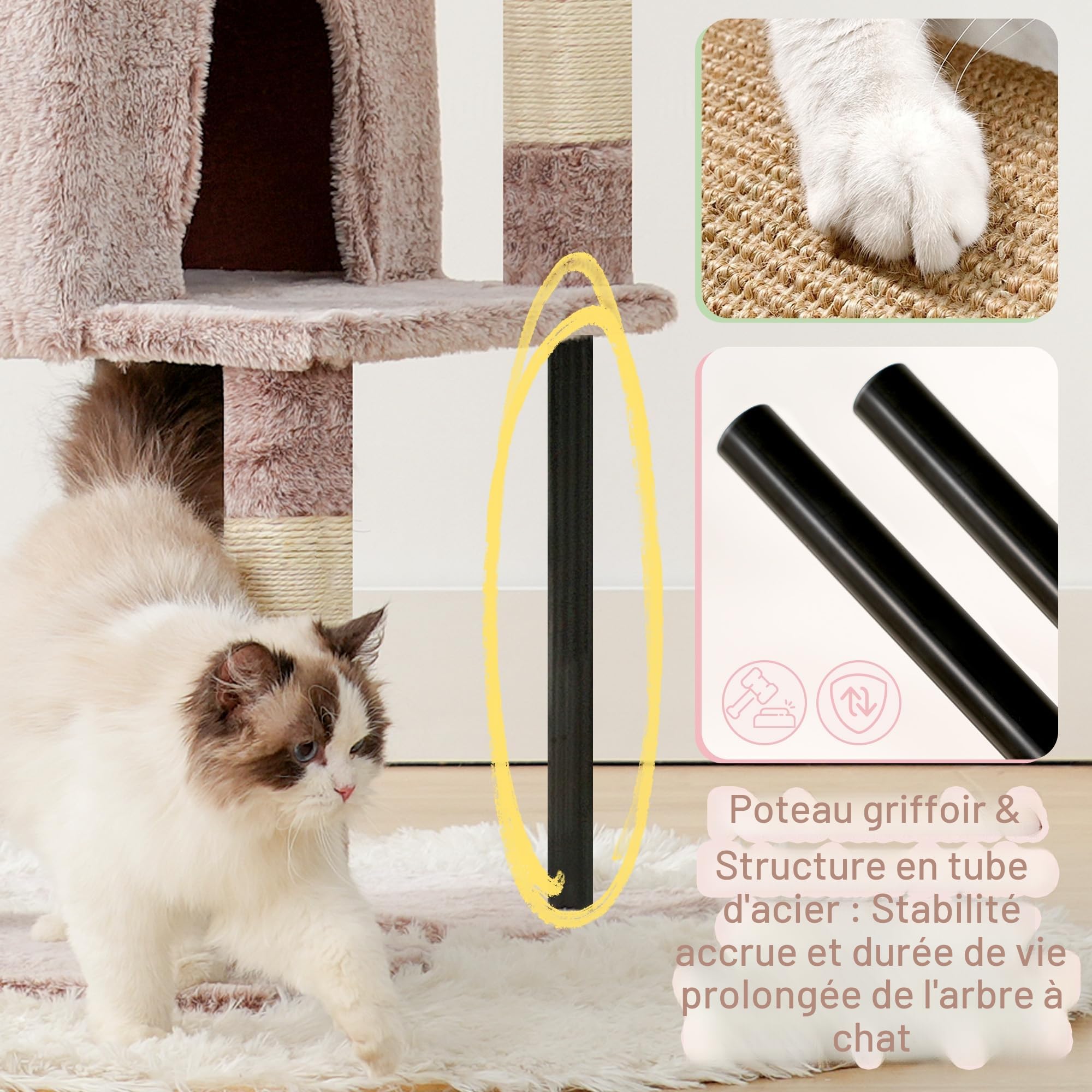 Heybly Arbre À Chat, 125 Cm Petit Arbre avec Niche, Plateforme Douce, Griffoir en Sisal, Panier Et Structure en Acier Robuste, Marron Beige HCT200SMU