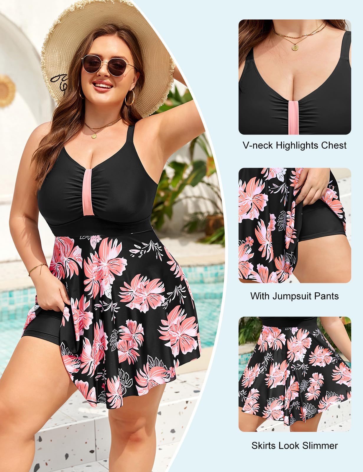 Maillot de Bain 1 Pièce Femme Grande Taille Ronde Bretelles Réglables Contrôle Ventre Jupe Volantée Coussinets Amovibles Tulle Doublure Assortie