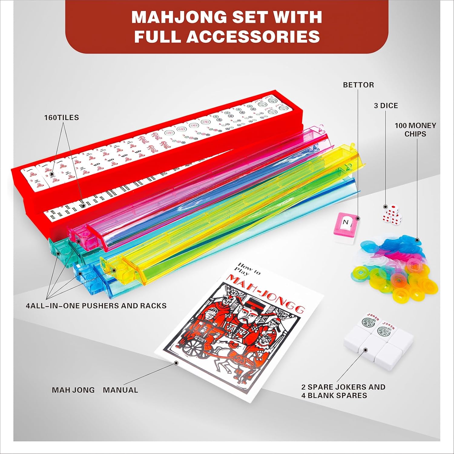 Mahjong Set, American Mahjong Set with 4 Racks and Pushers, 166 White Engraved Mah Jong Tiles Game Set, with Betting Coins, Dice, Manual, Mah Jong Set Gifts (Chessboard Design Case)