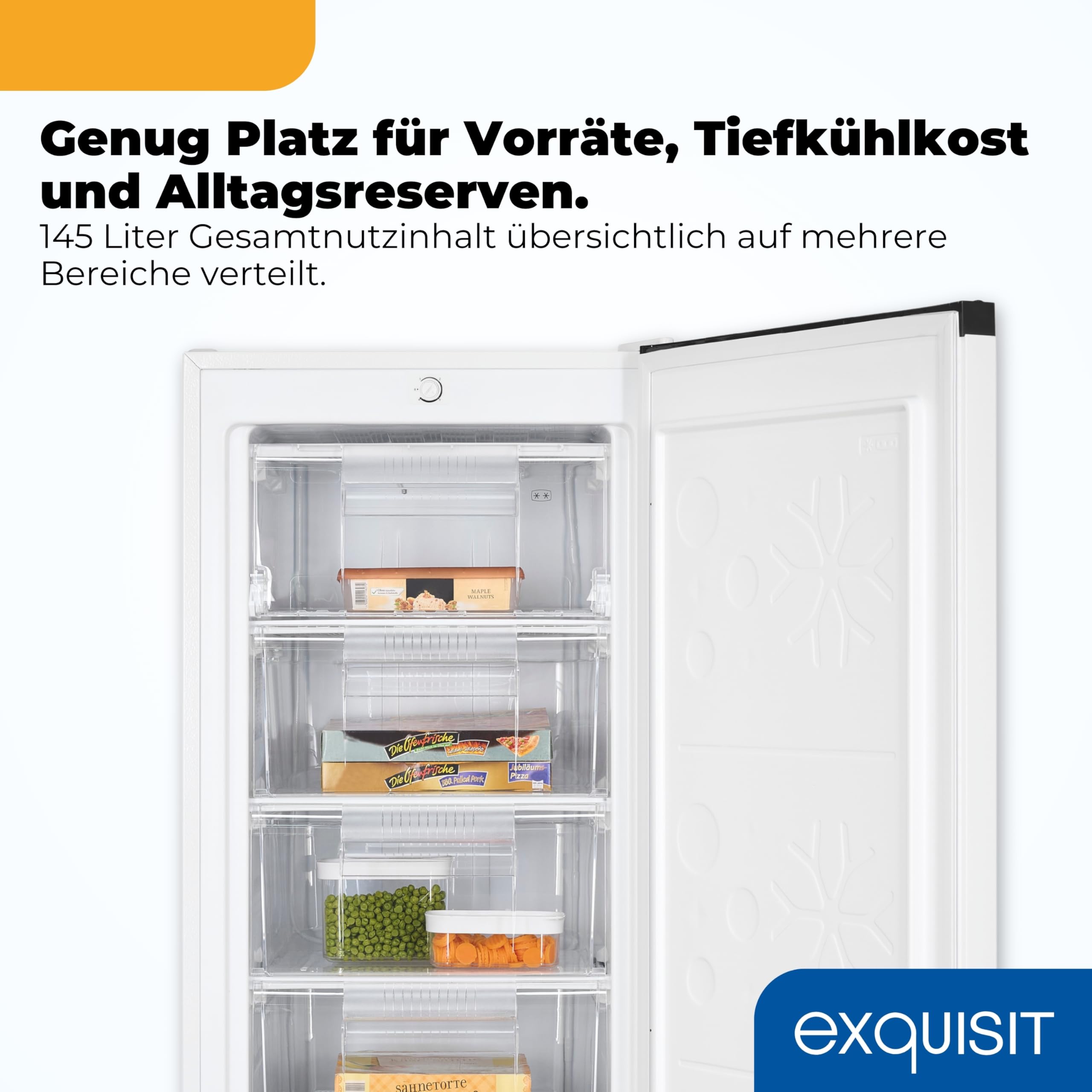 Exquisit GS5145-050C Gefrierschrank - 145 l Gefriergerät - Energieklasse C | Freistehendes 4-Sterne Gefriergerät, 4 Schubladen, 7 kg Gefrierleistung, wechselbarer Türanschlag, Maße 125,9x54x55 cm