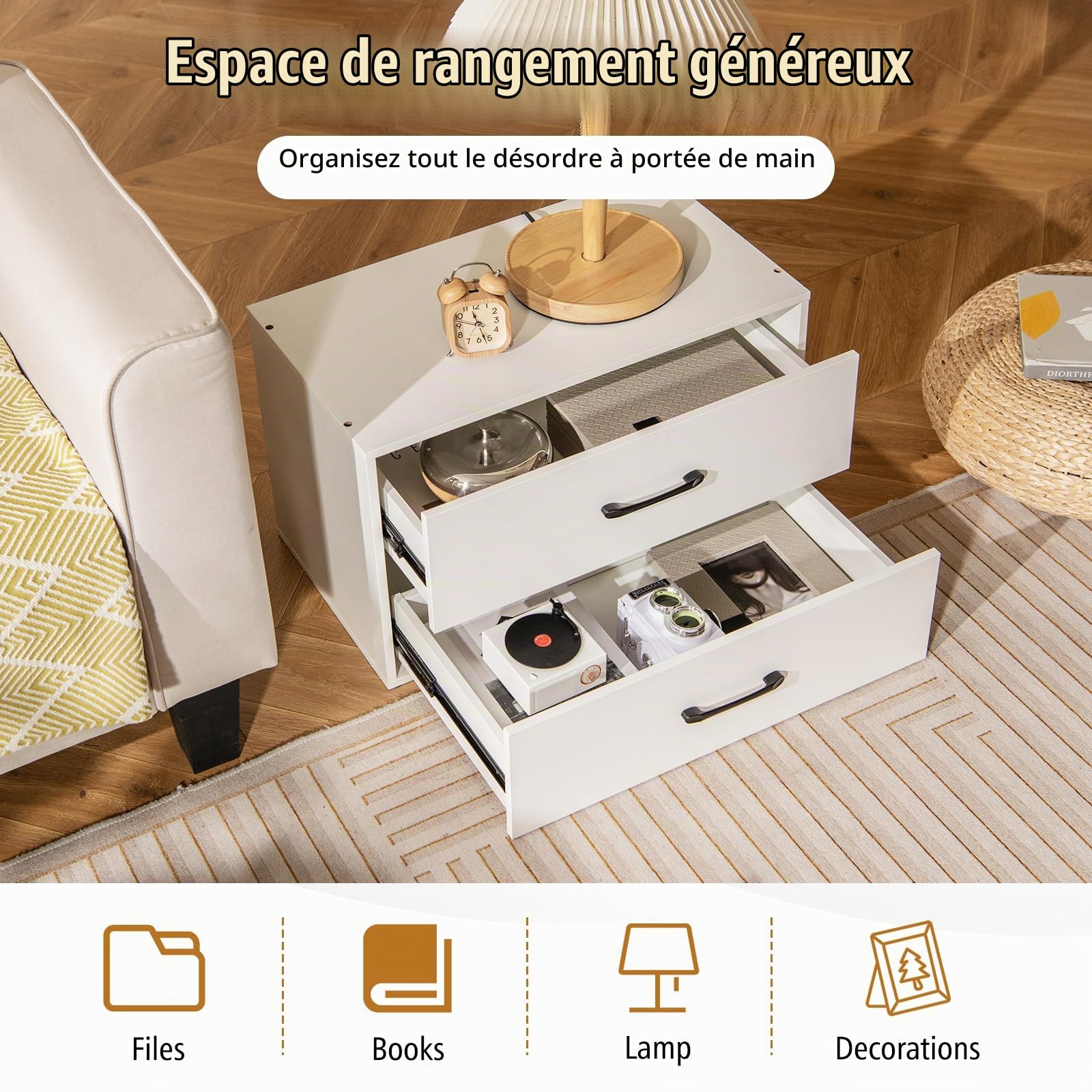 Giantex Commode Rangement Chambre 2 Tiroirs, Meuble de Rangement en Bois avec Kits Anti-Basculement, 4 Chevilles, Armoire de Rangement pour Chambre, 60 x 34 x 38 CM (Blanc)