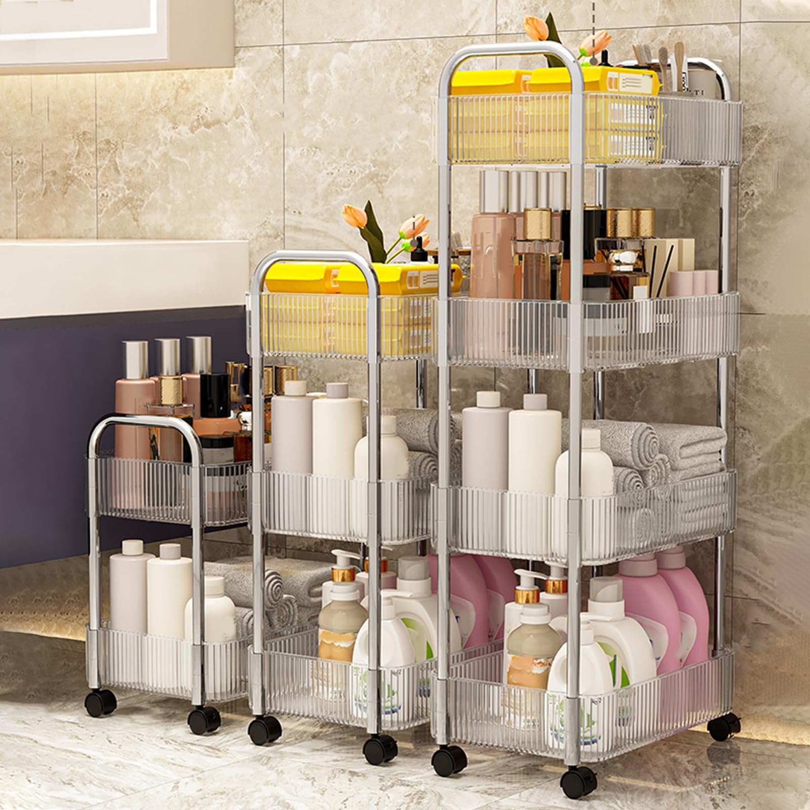 Carrello portaoggetti in acrilico con ruote bloccabili e maniglia, carrello trasparente per cucina, bagno e uso utile, mobile su ruote