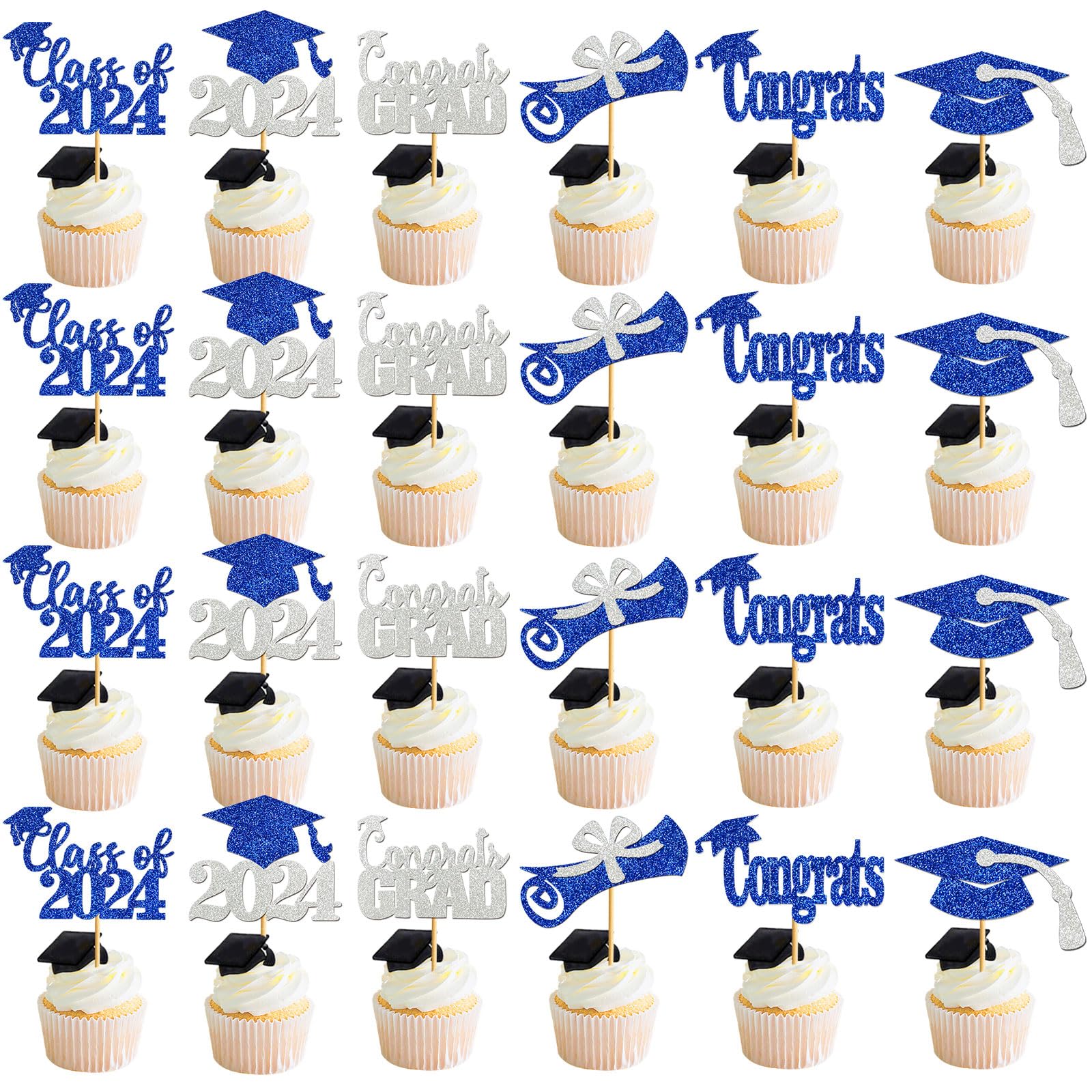 24Pcs Blue Sliver Graduation Cupcake Toppers 2024 Graduation Decorations Class of 2024 Cupcake Toppers Graduation 2024 Graduation Cupcake Picks Graduation Party Decorations 2024