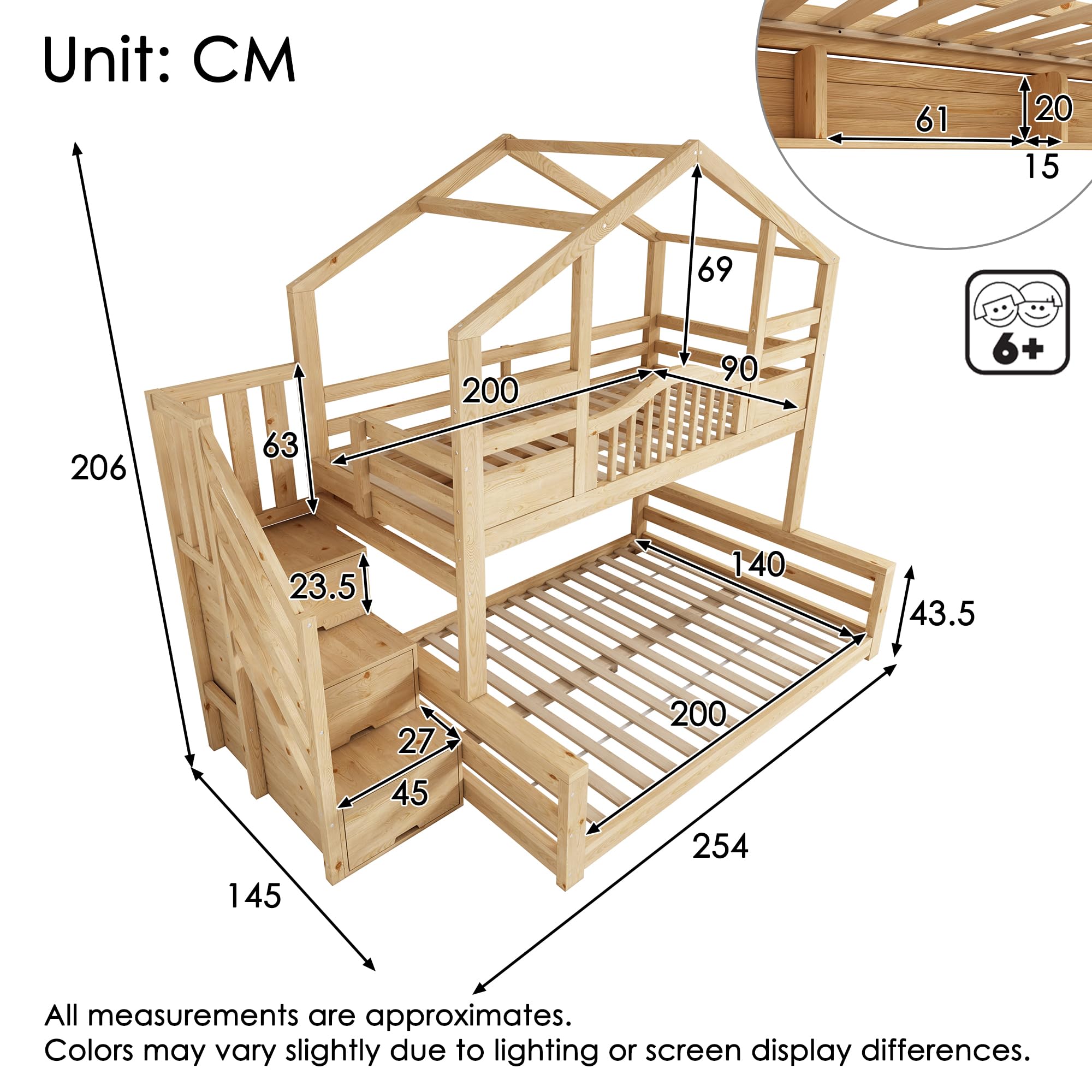 Lit Superposé en Bois pour Enfants 90x200 Et 140x200 Cm avec Rangements Hydrauliques, Escalier-BibliothèQue BarrièRes De SéCurité Et Port USB-C, Lit Familial DéCalé (Naturel, 254x145x206cm)