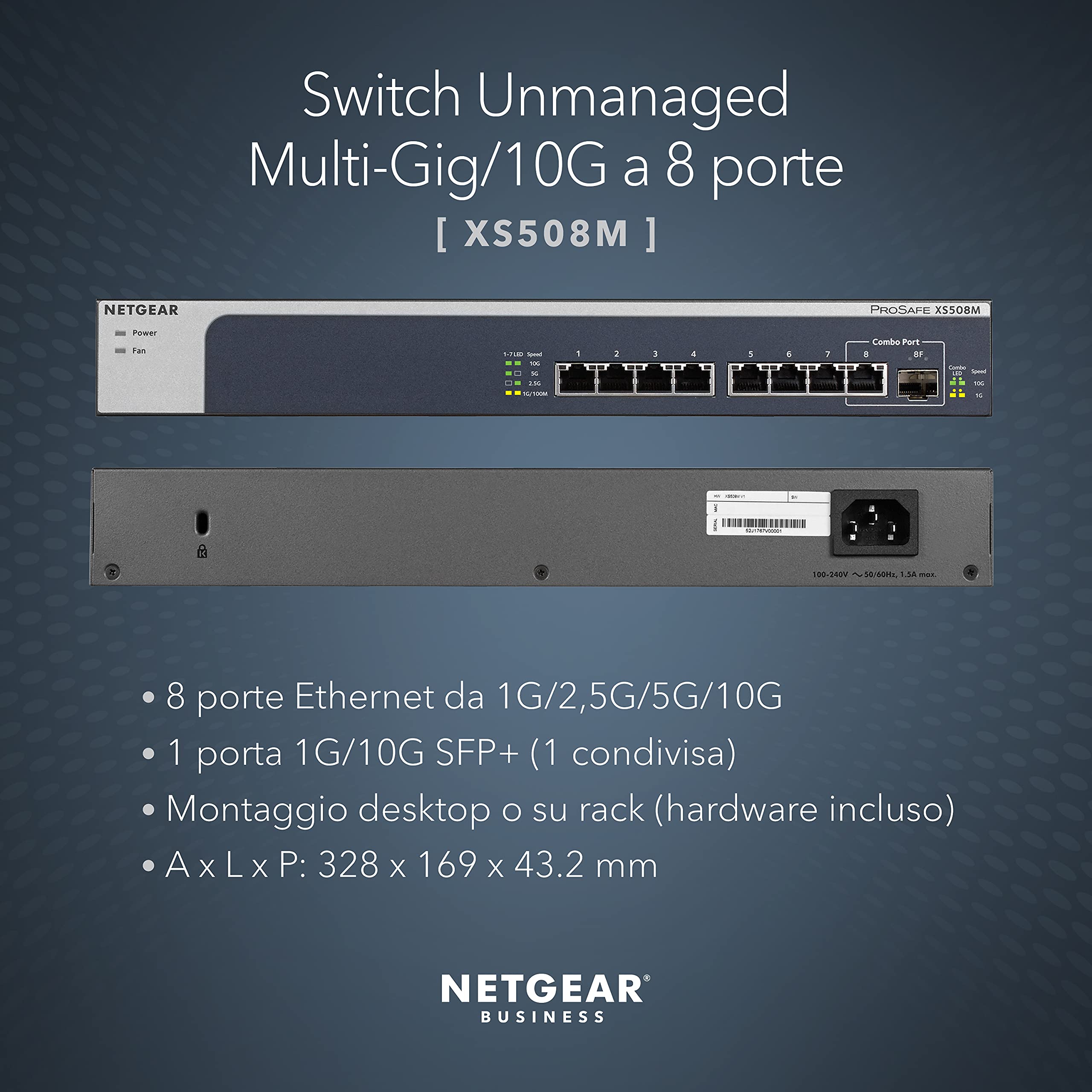 NETGEAR Switch Ethernet Unmanaged Multi Gigabit 5 porte (XS505M). Ethernet 10G, con 1 SFP+ da 10 G, Montaggio su desktop/rack