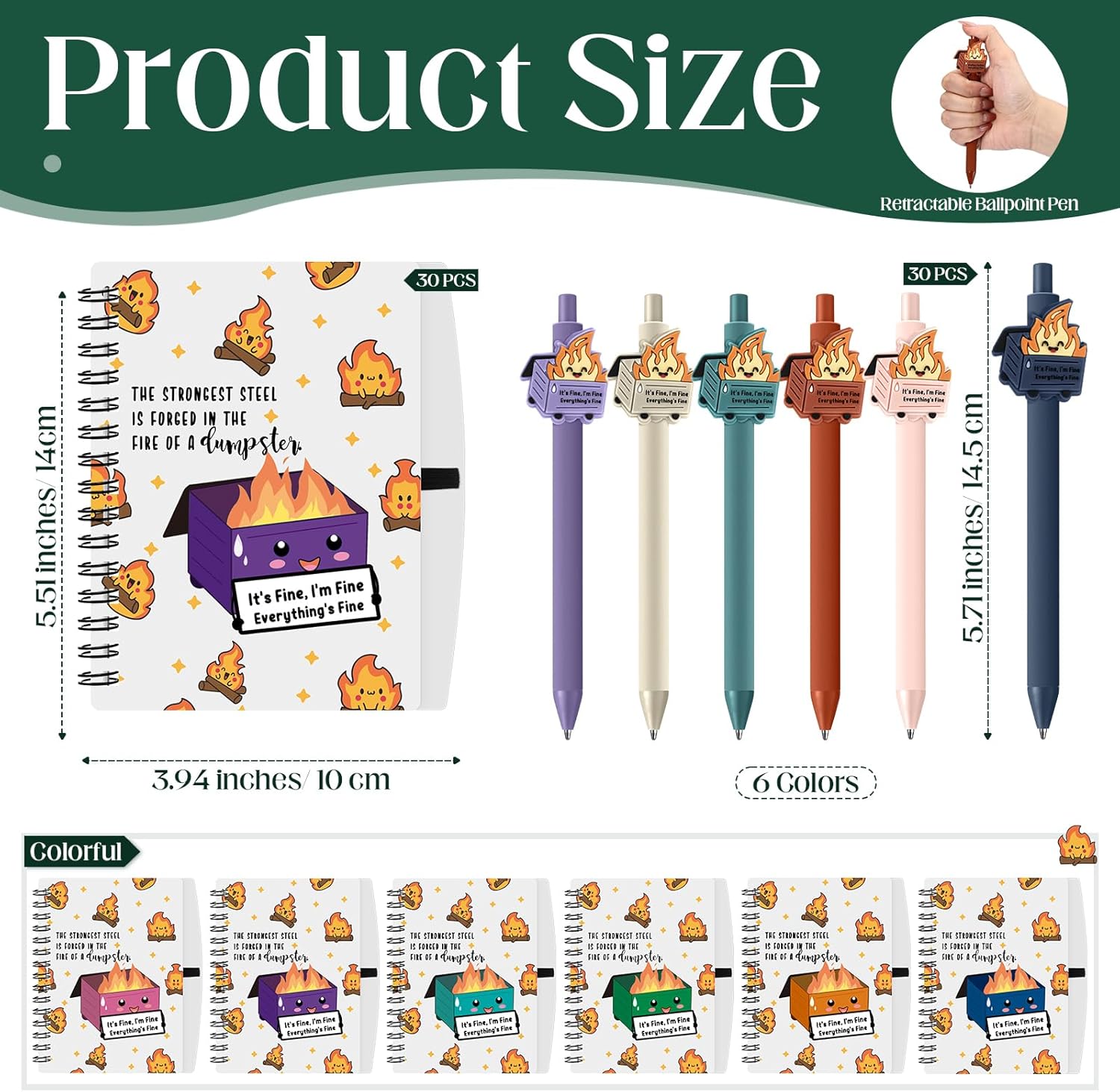 Resurhang Dumpster Fire Gifts Bulk Funny Coworker Employee Appreciation Gifts, A6 Notebooks Pens Set for Nurse Appreciation, Office Team Staff, Teacher, Volunteer(60 Pcs,Colorful)