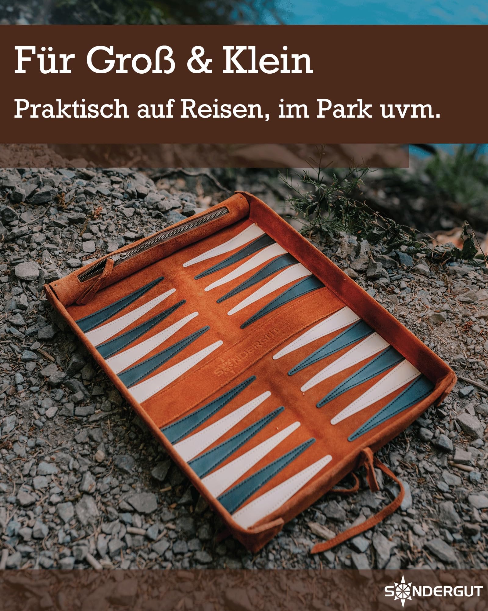 Sondergut Backgammon Deluxe - Patentiertes Klappdesign & Echtleder - Edles Design - Premium Buchenholz Spielsteine 30x40cm