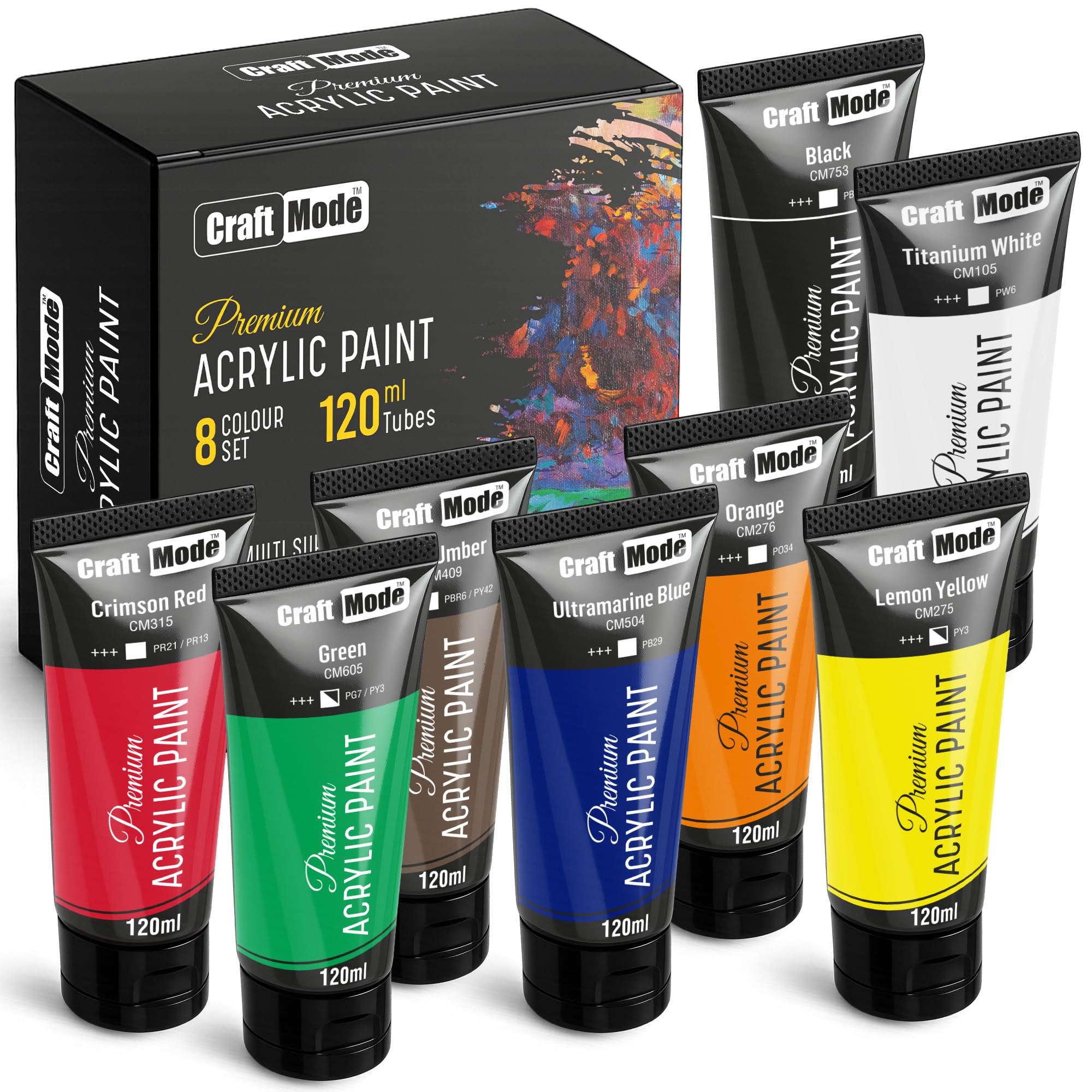 Craft Mode Acrylic Paint Set 8 120ml Vibrant Colours –Multi-Surface, Non-Toxic & Eco-Friendly – Smooth Blending & High Pigment– Artist-Grade for All Skill Levels – Fast-Drying for Canvas, Wood, Fabric