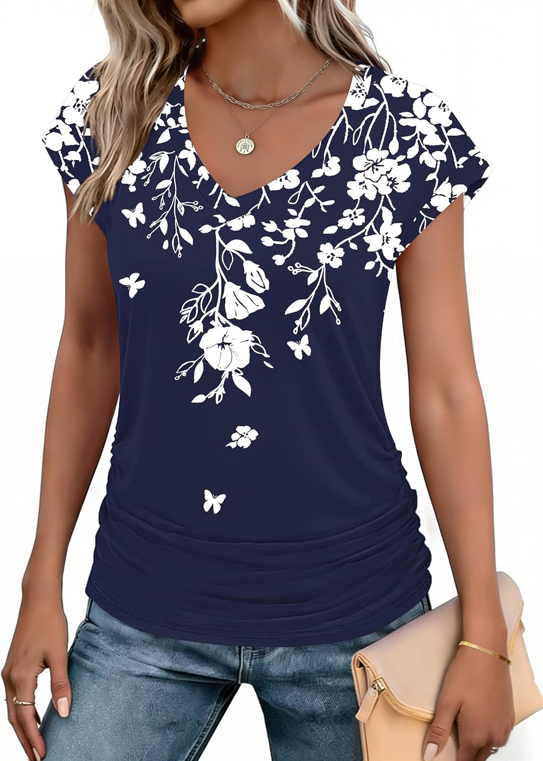 Zeagoo Womens Summer Tshirts Ruched Cap Short Sleeve Tops V Neck Trendy Shirts Fashion Tunics with Side Shirring S-XXL