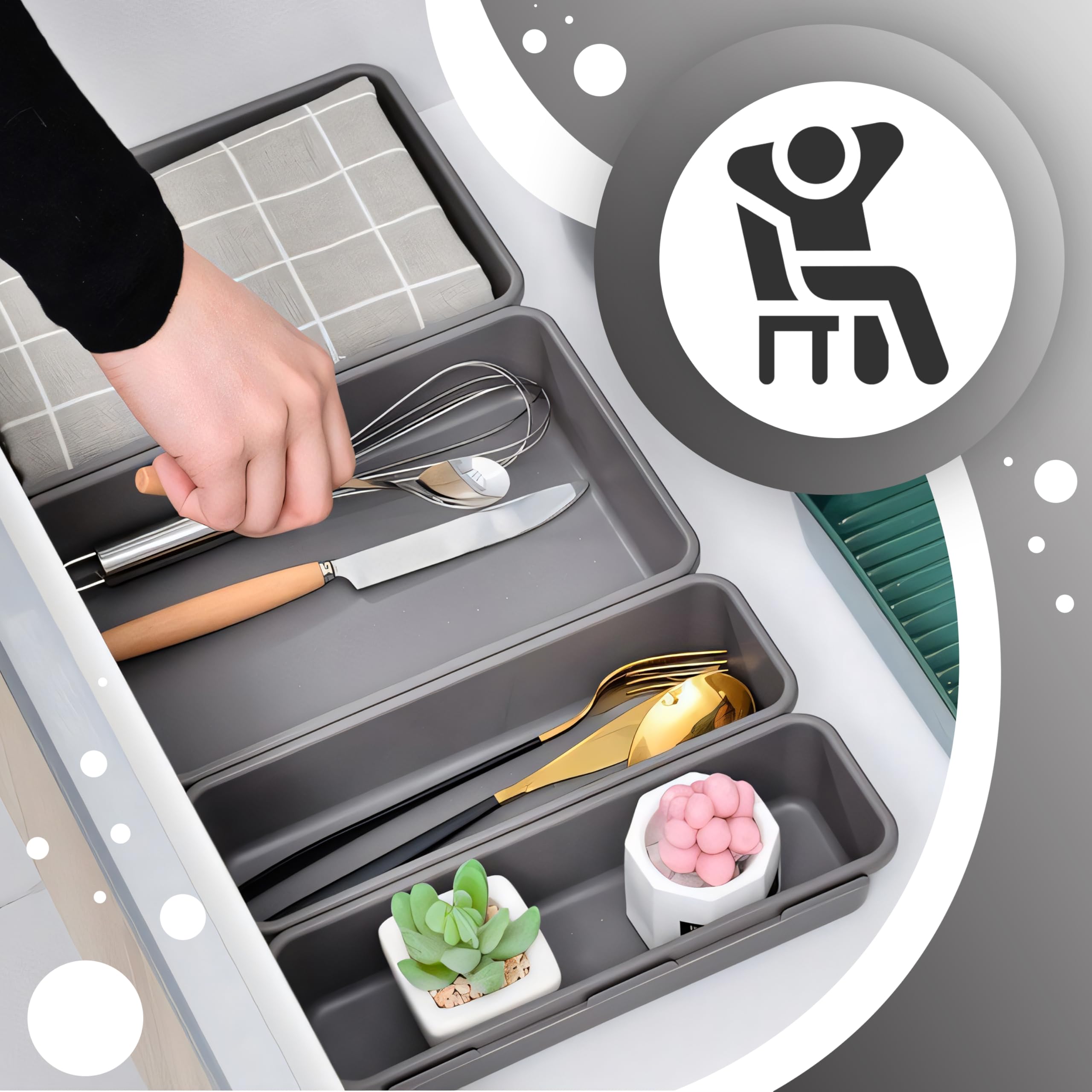 Set di organizer per cassetti con sistema di separazione regolabile per