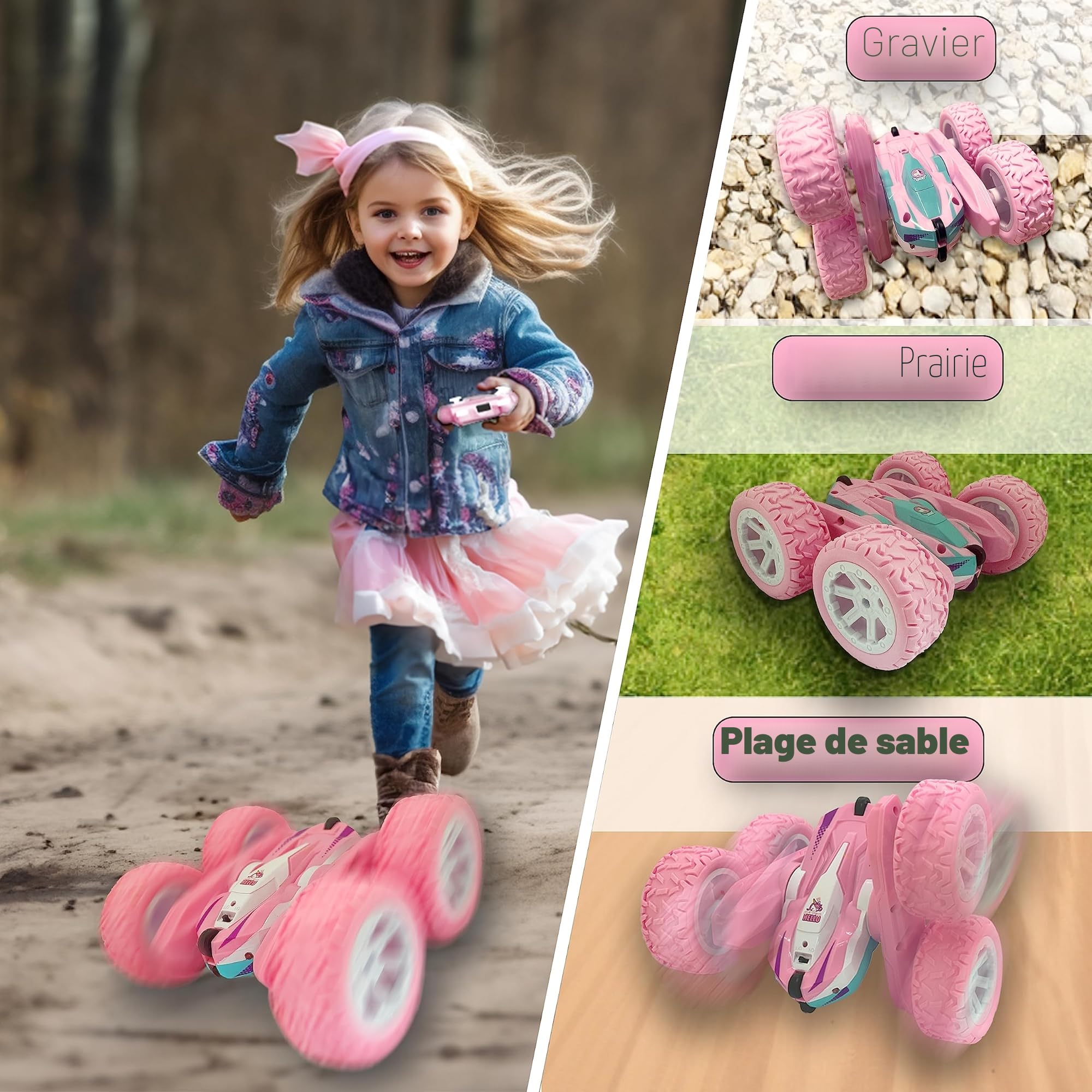 Voiture Télécommandée,4WD Licorne Rose Voiture Telecommandé Enfant Fille 3 4 5 6 7 8 9 10 Ans Aves Radiocommandée et 2 Piles, RC 360° Flip Rotatif et Lumière,Jouet Cadeau Fille 3-12 Ans