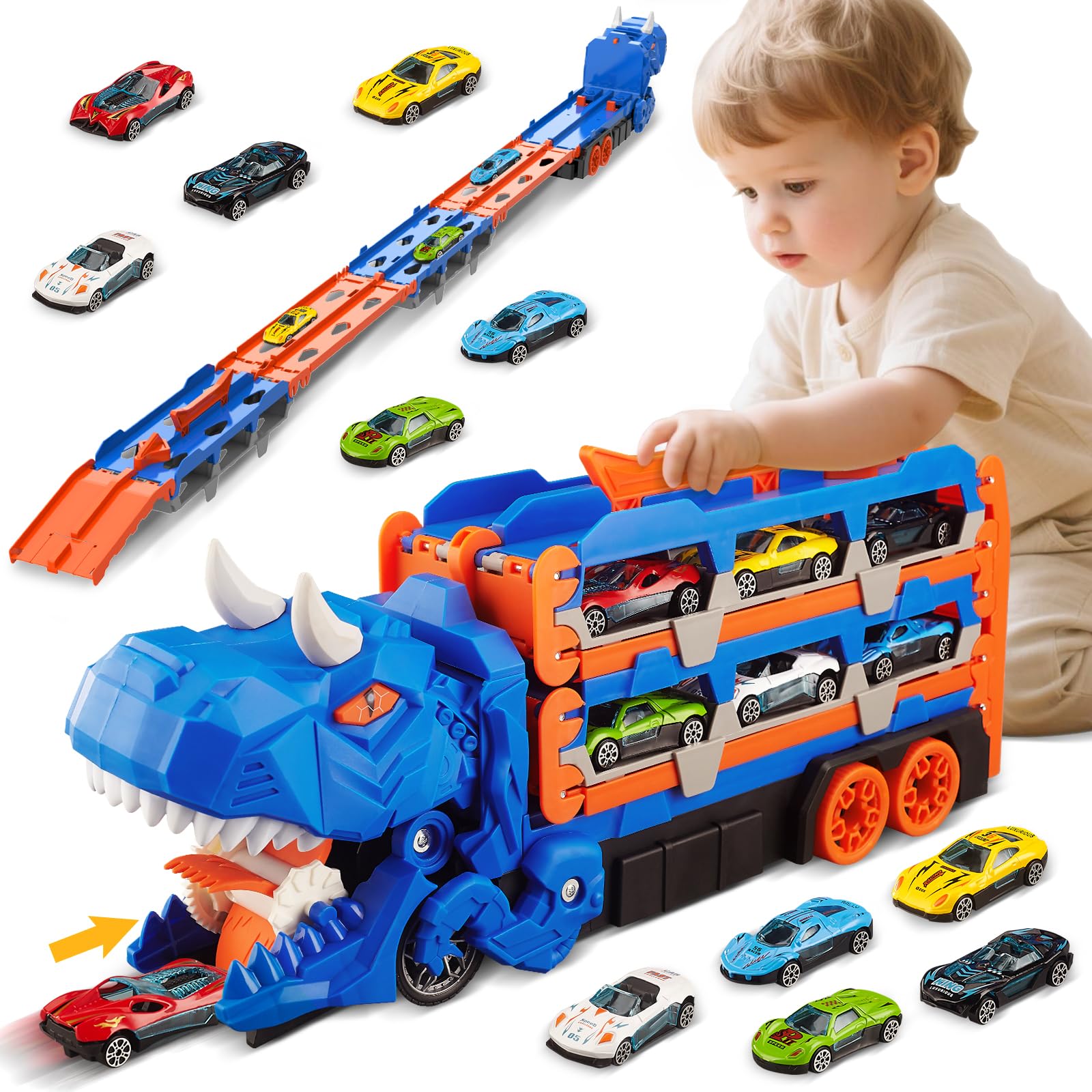 Dinosaurier Transport Truck Spielzeug ab 3 4 5 6 Jahre, 157cm Faltbare Autorennbahn Spielzeugauto mit 6 Rennautos, Tragbares Transporter Spielset Auto Spielzeug Geschenk für Jungen Kinder Mädchen
