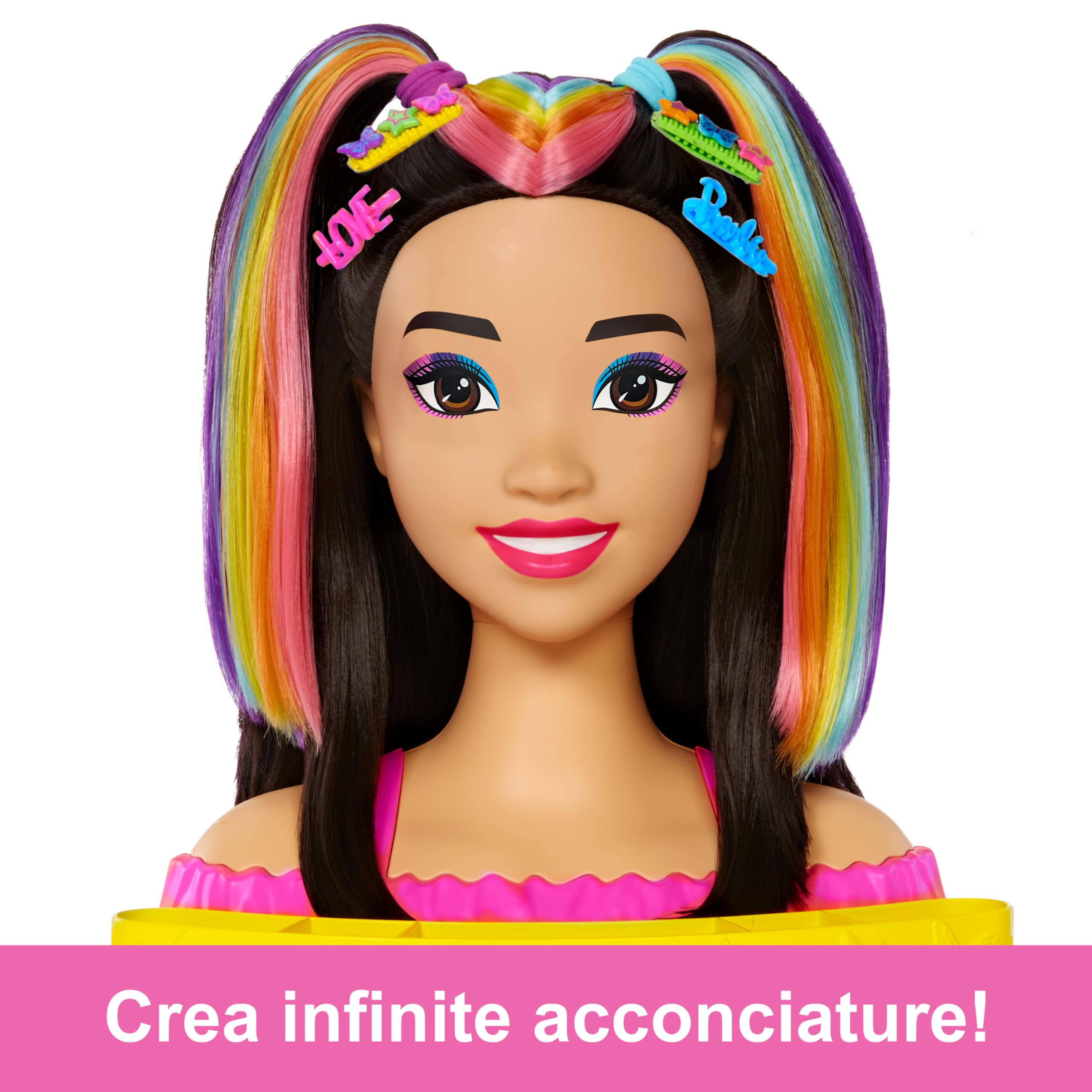 Barbie - Super Chioma Hairstyle Capelli Arcobaleno, testa pettinabile con capelli neri lisci e ciocche arcobaleno fluo da acconciare, con accessori Color Reveal, giocattolo per bambini, 3+ anni, HMD81