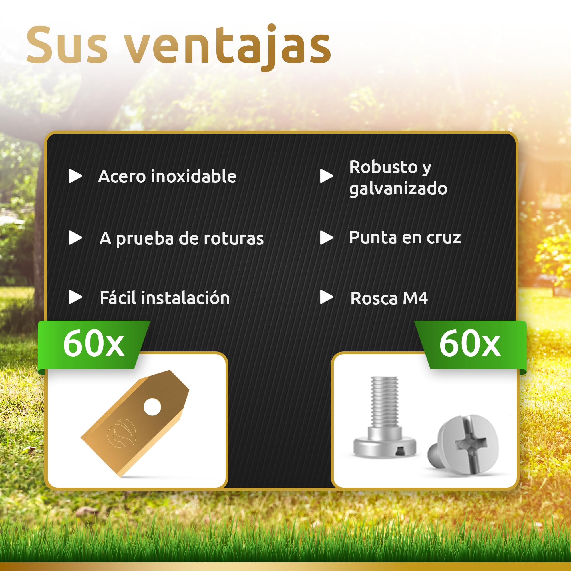 ECENCE 60 Cuchillas Robot Cortacésped de Titanio Acero Inoxidable Compatible con Husqvarna Automower Gardena McCulloch Rob Flymo Yardforce Matrix Grizzly Brast + Tornillos