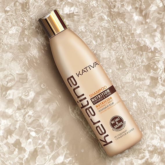 شامبو KATIVA Keratin، 8.45 Fl Oz، إعادة بناء وتقوية الشعر التالف، مع الكيراتين والسيراميدات المتحلل للشعر الناعم واللامع والمغذي، خالي من الكبريتات والغلوتين وبارابين والملح