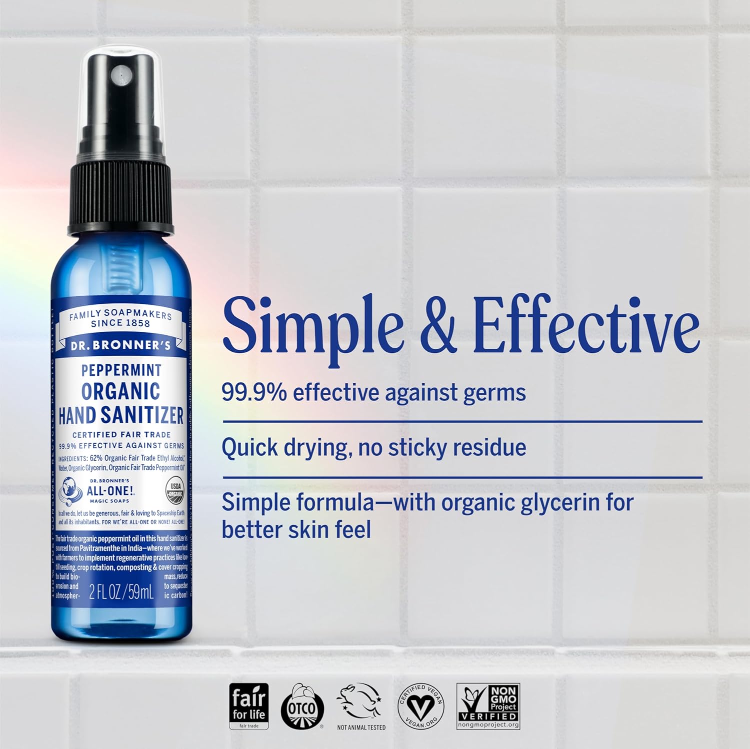 Dr. Bronner's Organic Hand Sanitizer Spray Variety Pack Travel Size Bulk, Simple & Effective Formula, Scented, No Harsh Chemicals - Peppermint, 2oz (6-Pack)
