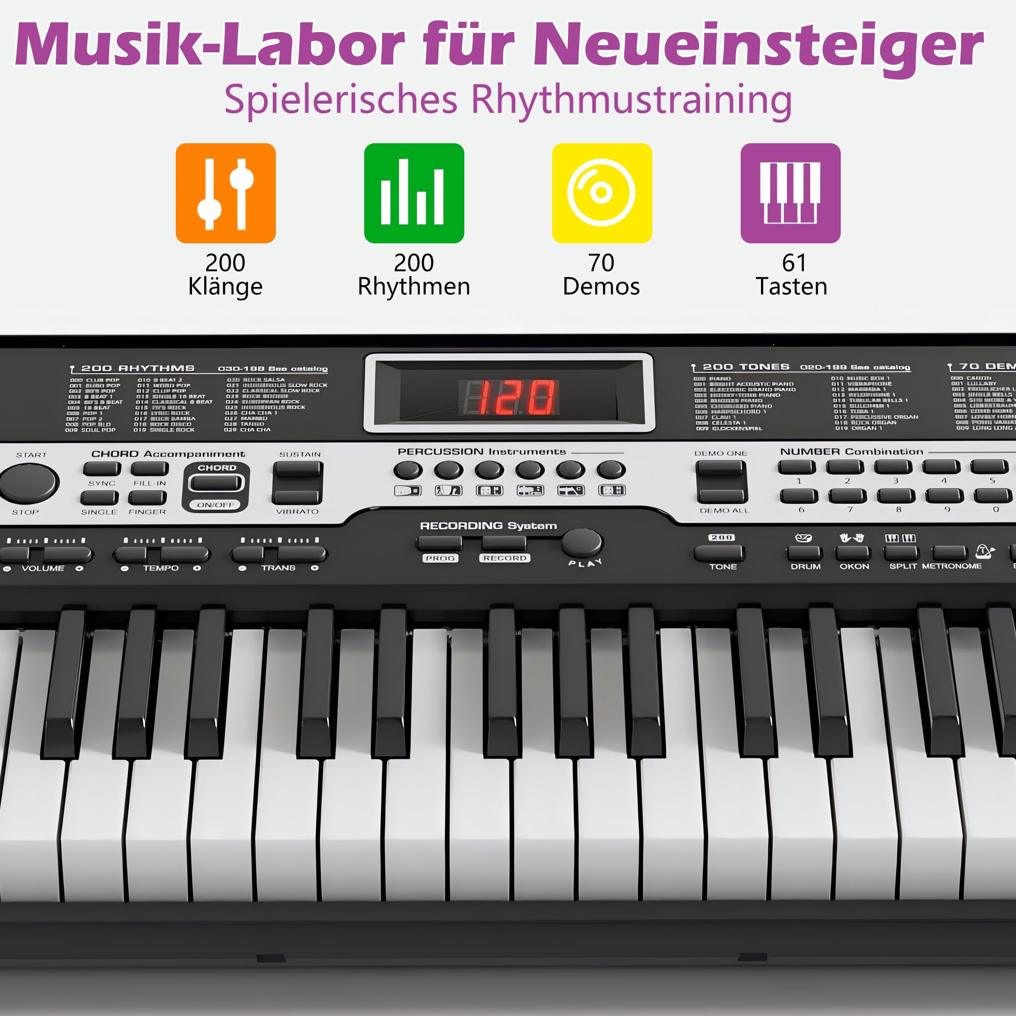 61 Tasten Keyboard Piano für Kinder & Anfänger, Klavier Set mit Mikrofon & Notenablage, Lern-Keyboard Geschenk ab 7 Jahre, Digital Piano Klavierunterricht Lern-Keyboard Geschenk, Schwarz
