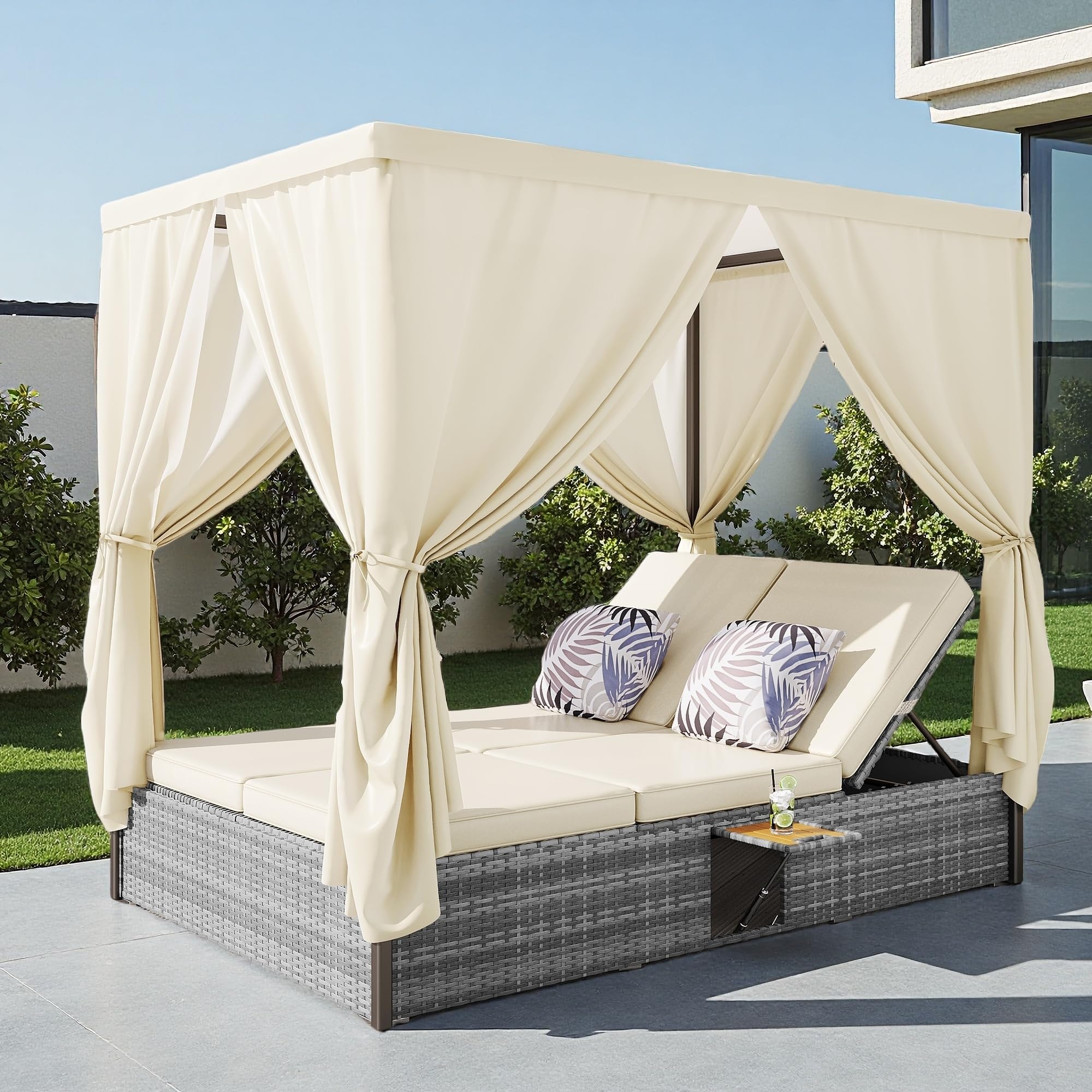 Tumbona de jardín de matrimonio, 187 x 128 x 186 cm, con parasol y cojines con mesa plegable, tumbona de ratán de ángulo ajustable, muebles de salón, terraza y jardín para exteriores