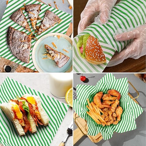 Vista 13 de Hojas de papel encerado de 12 x 12 pulgadas, 100 forros para cestas de alimentos para sándwiches, hamburguesas, envoltorios de alimentos Rayas
