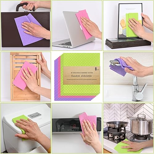 Miniatura 6 de Paños suecos  Paquete de 8 toallas de mano reutilizables y absorbentes para cocina, mostradores y platos  Paño de esponja de celulosa  Regalos