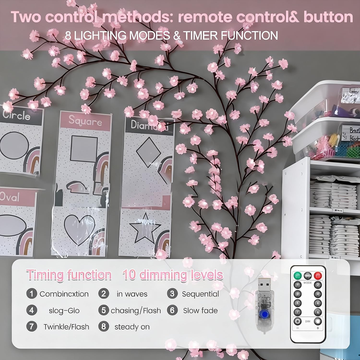 Kirschblüten Lichterkette 144 LED Wanddekoration mit Fernbedienung 8 Lichtmodi USB-gespeist für Schlafzimmer und Wohnzimmer