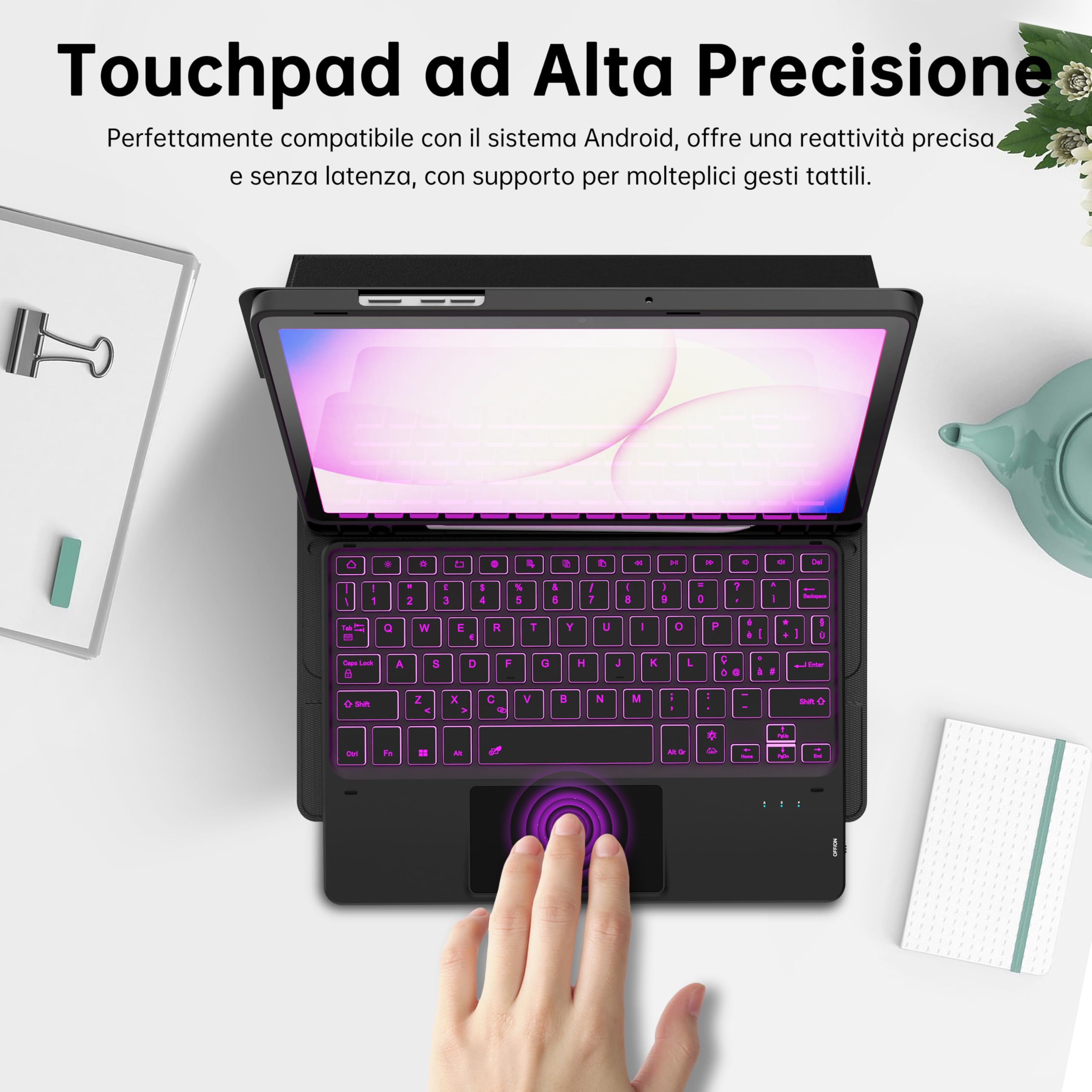 VANKEYPAD Tastiera Custodia per Samsung Galaxy Tab A11+/A9 Plus 11 Pollici - 7 Couleurs Rétroéclairage Touchpad Tastiera Rimovibile Bluetooth - Tab A11 Plus/A9+ 11" Custodia QWERTY Italiano, Nero