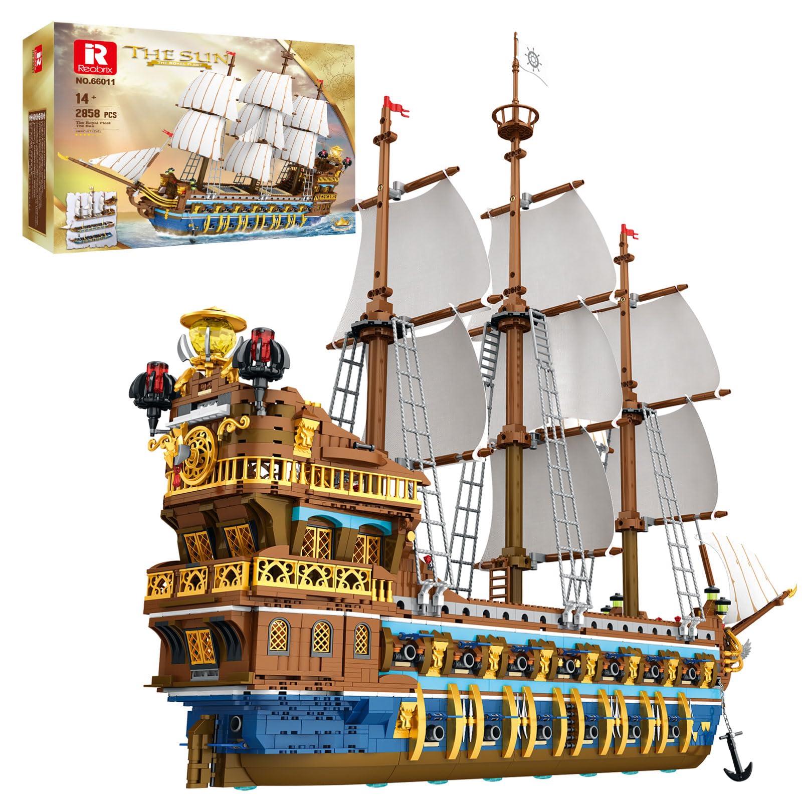 Reobrix Königliche Sonnenflotte Bausteine Bausatz für Erwachsene, großes Schiffsmodell, sammelbare Luxus-Piratenschiff-Klemmbausteine 66011, Architektur-Set Geschenk für maritime Liebhaber ab 14+.