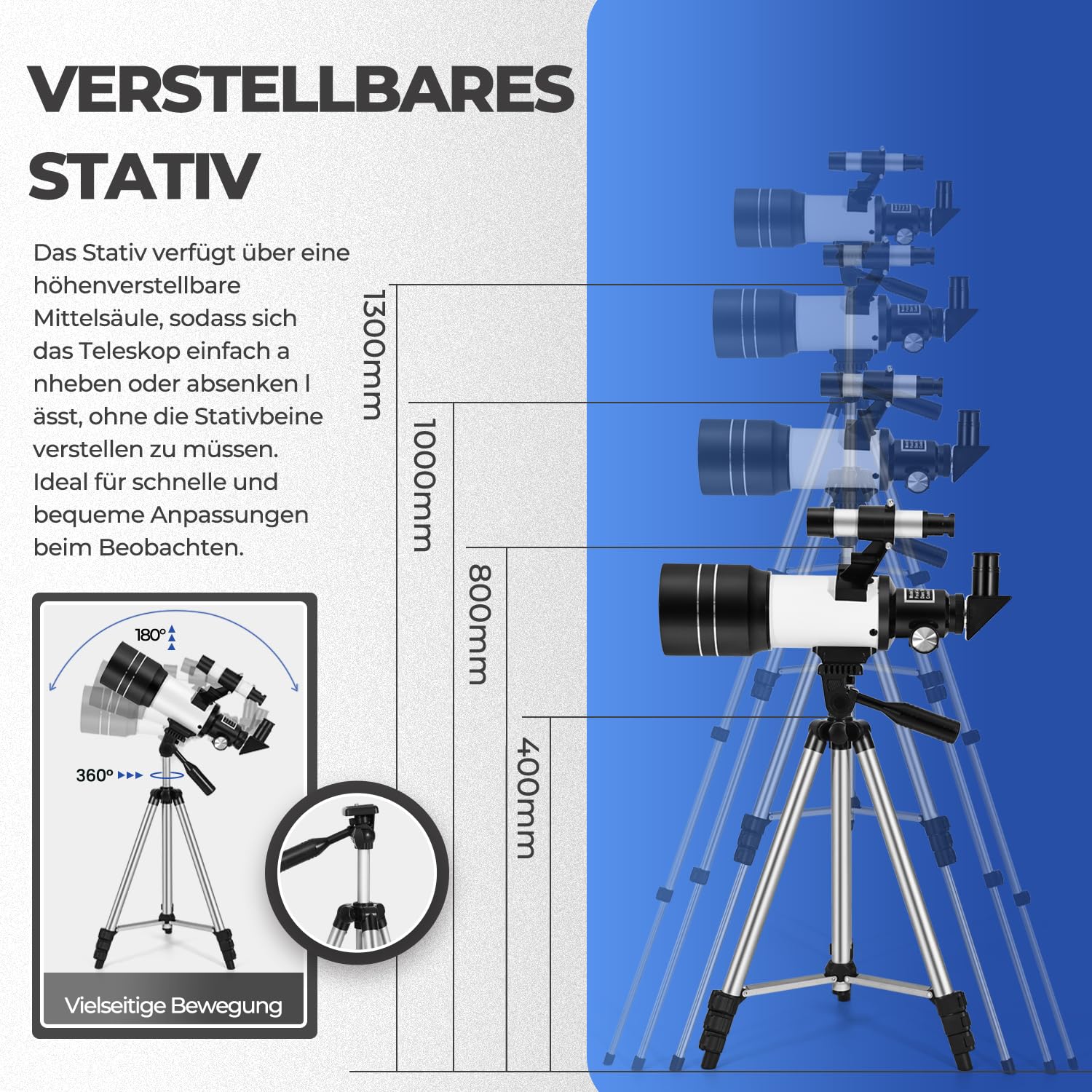 ESAKO Teleskop für Kinder & Einsteiger, 70mm Blende Tragbares Teleskop Astronomisches Linsenteleskop mit Ausziehbarem Stativ, Telefonhalterung, Mondfilter