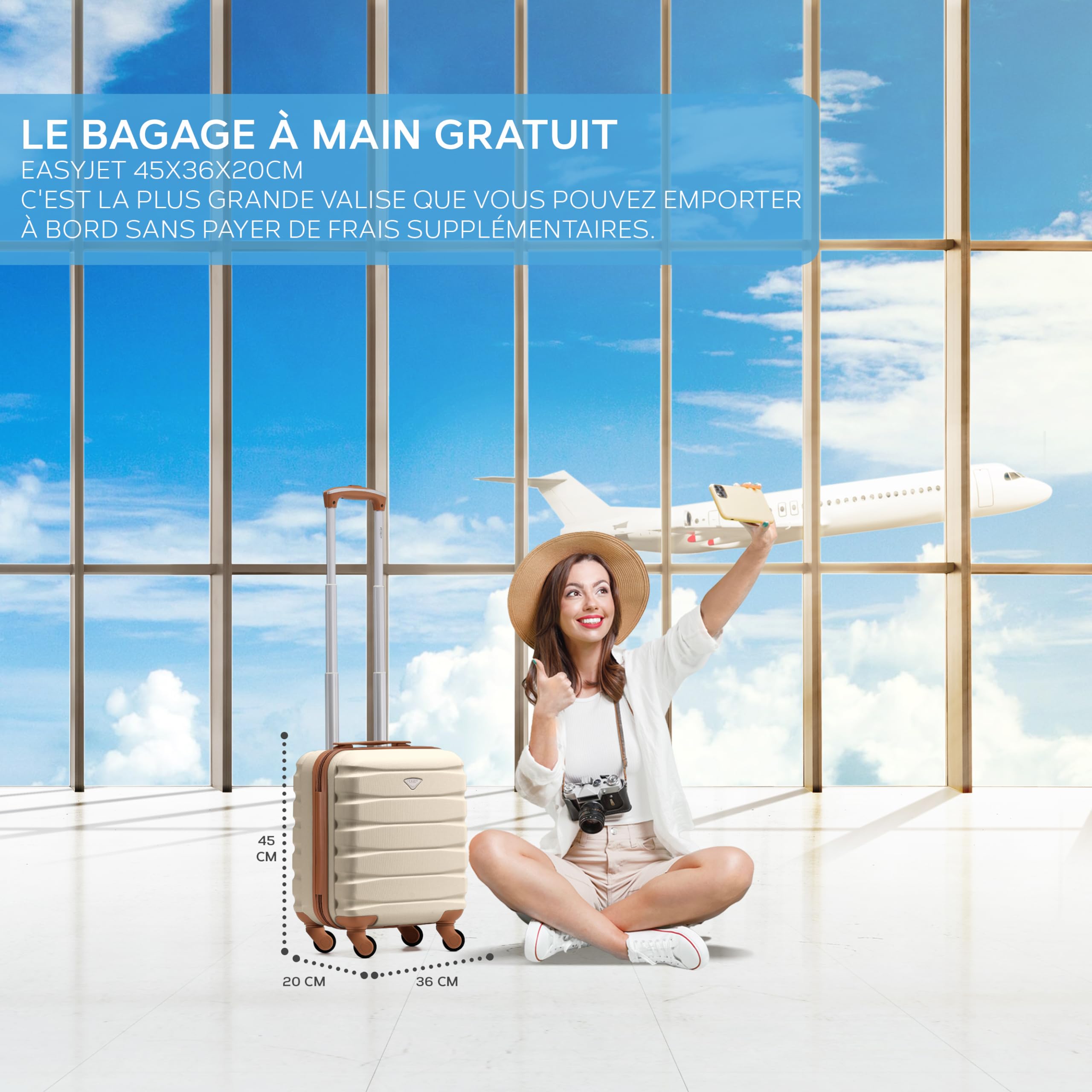Flight Knight Bagage Cabine Leger a 4 Roues en ABS Rigide Approuve par Plus De 100 Compagnies Aeriennes, Dont Lufthansa, Air France, HOP! Ryanair et easyJet - 45x36x20cm (TSA) Creme/Marron - 2