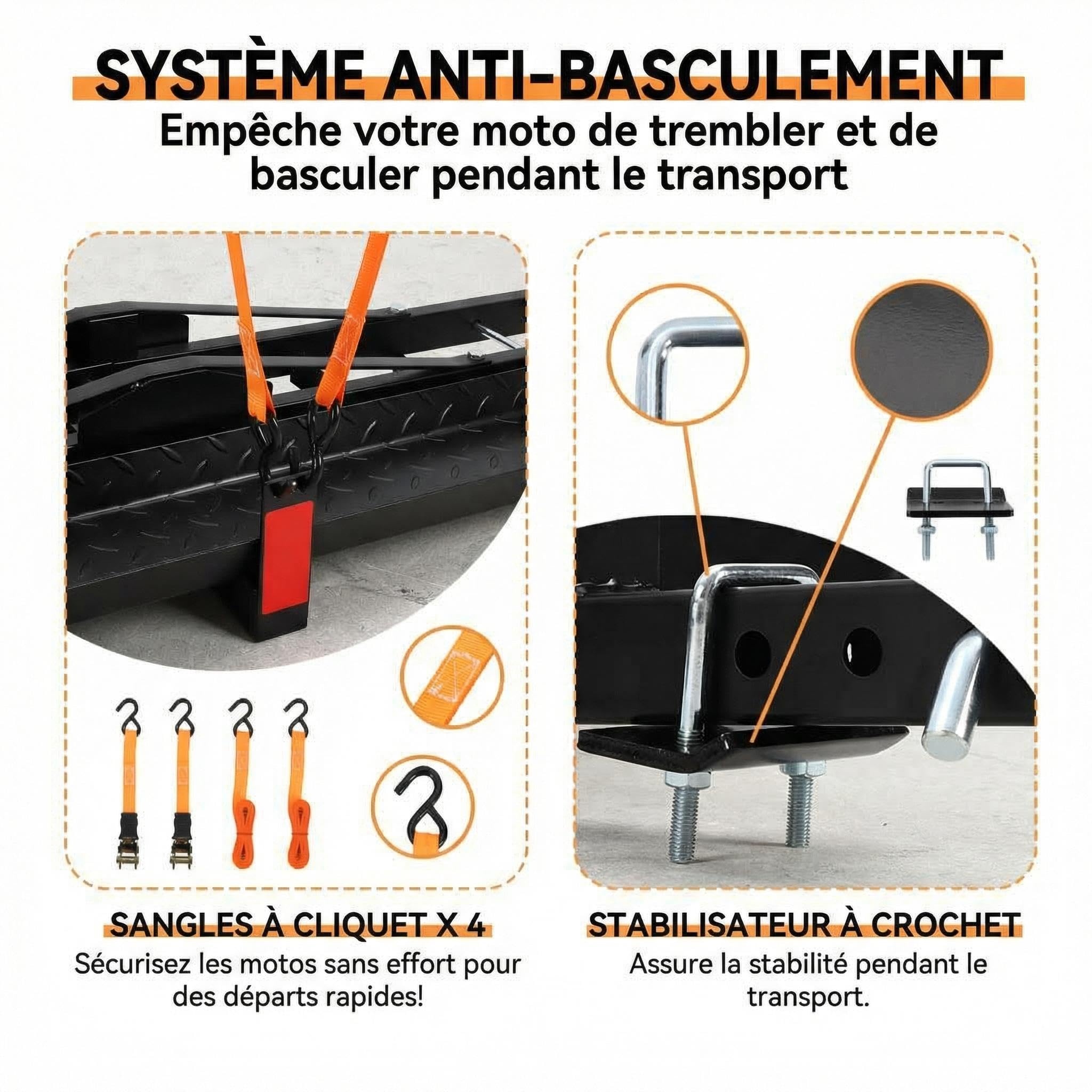 GarveeTech Porte-Bagages Moto 270kg, Rampe + Anti-Bascule, Uniquement pour Attelage Carré Américain 5cm (Standard US, Non Sphérique), pour Moto