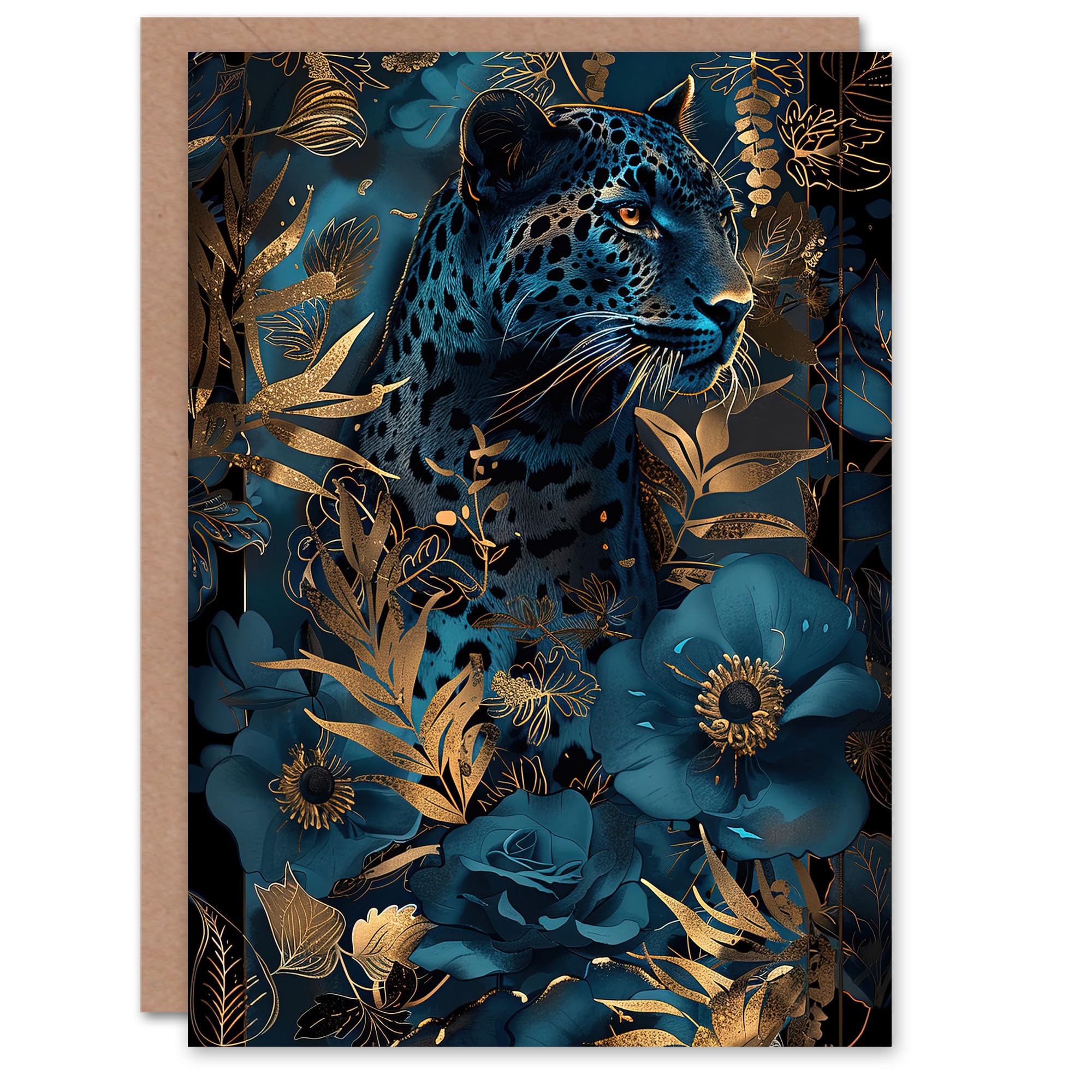 Artery8 Greeting Card Elegant Cheetah With Blue Gold Jungle Flowers Blank For Him Or Her Art Birthday Card