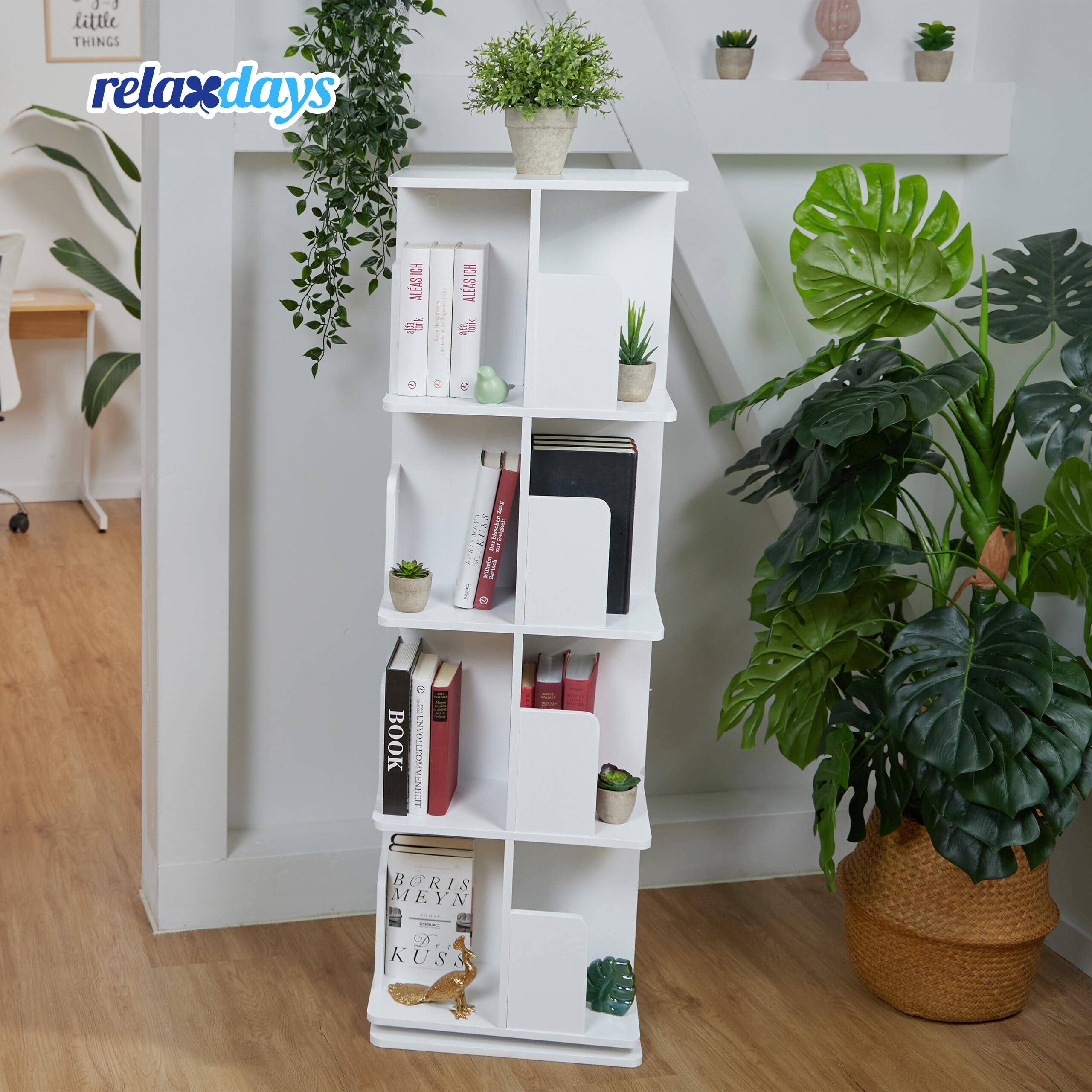 Relaxdays Weißes Bücherregal, 360 Grad drehbar, 4 Ebenen, Bücher, CDs, Deko, HBT: 125,5x39x39 cm, Wohnzimmer Drehregal, Weiß