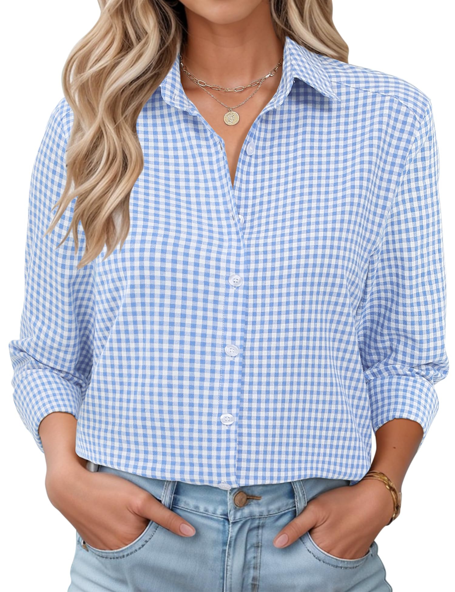 Rapbin Bluse Damen Lässig Langarm Hemd V-Ausschnitt Shirts Tunika Lockere Business Top Elegant Oberteil mit Knopfleiste